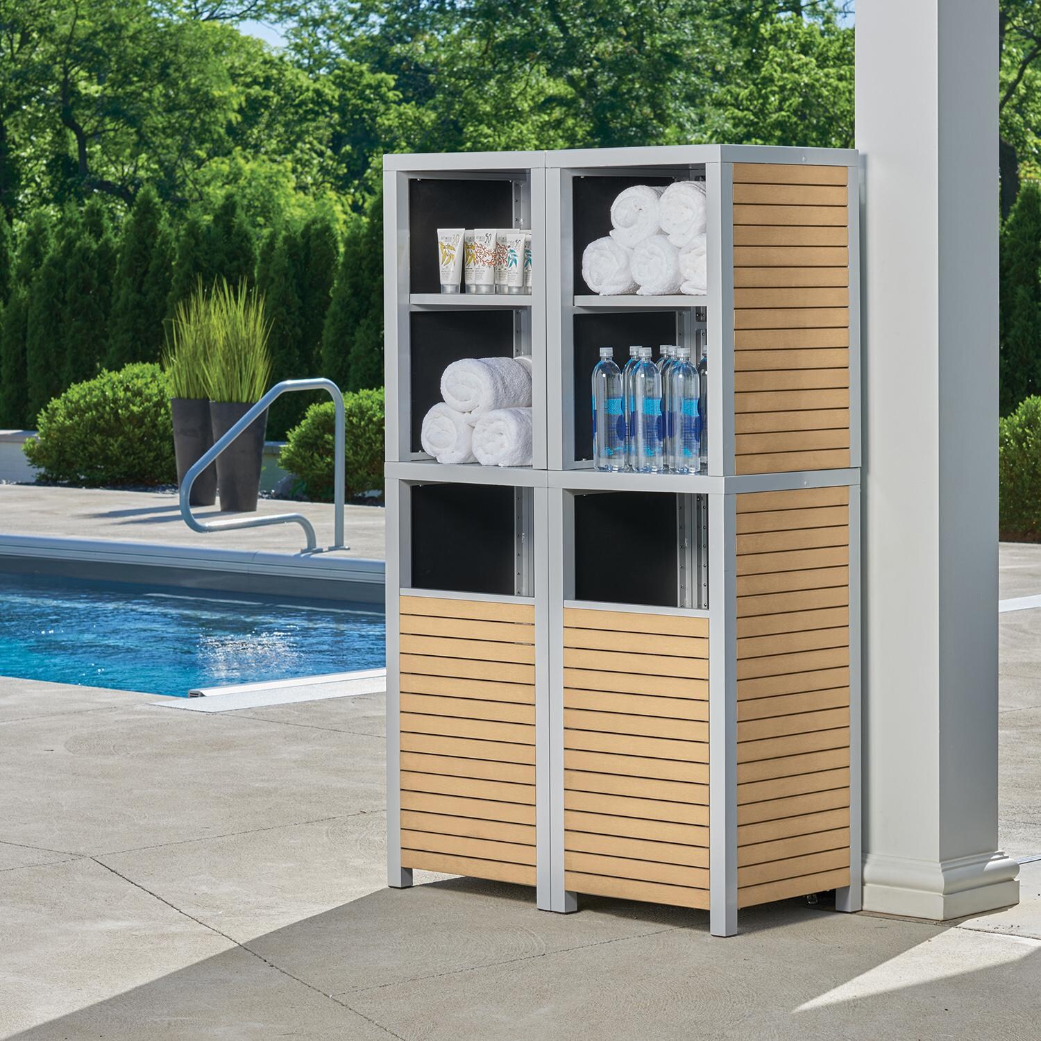 Oxford Garden Travira Natural Tekwood Trash Receptacle - 2 Shelves & 2nd Receptacle thumbnail