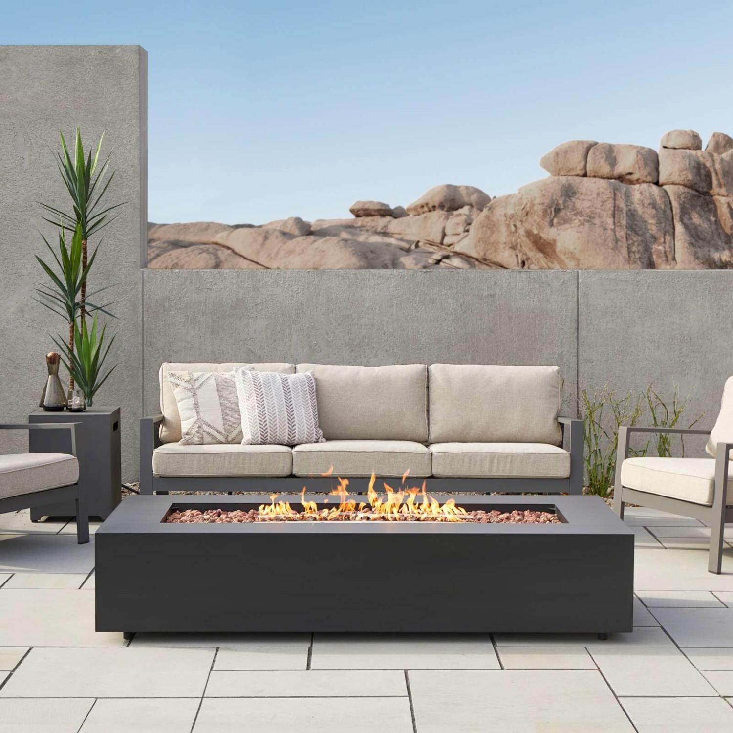 Elysian 70 Inch Rectangular Powder Coated Steel Propane Fire Pit in Black by Lakeview Outdoor Designs