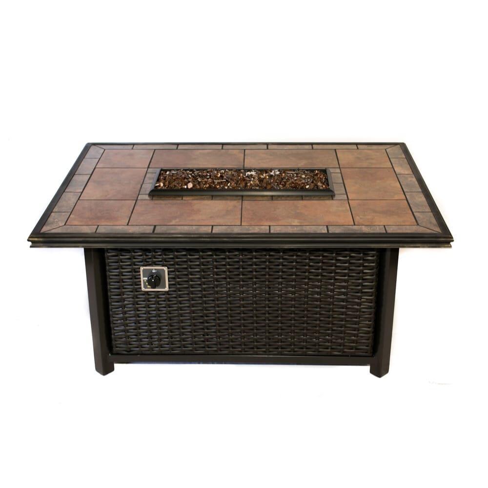 Tretco 54-Inch Rectangular Wicker Fire Pit Table - Dark Brown W/ Tile Top - With Fire Glass thumbnail