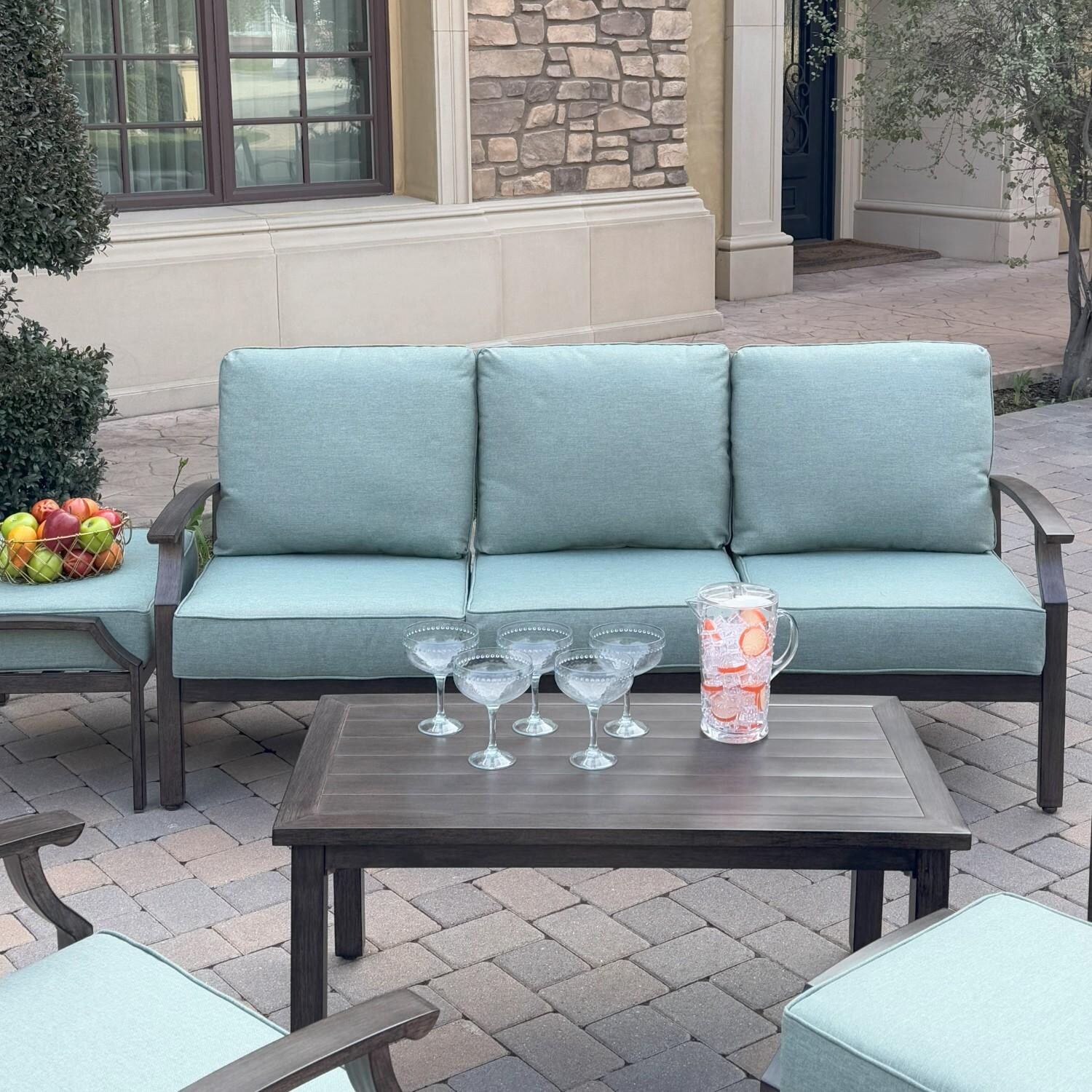 Atlantis 4 Pc Aluminum Seating Set  w/ Sofa, 2 Club Chairs & 2 Ottomans in Walnut/Spa by Darlee - Sofa & Table - Lifestyle thumbnail