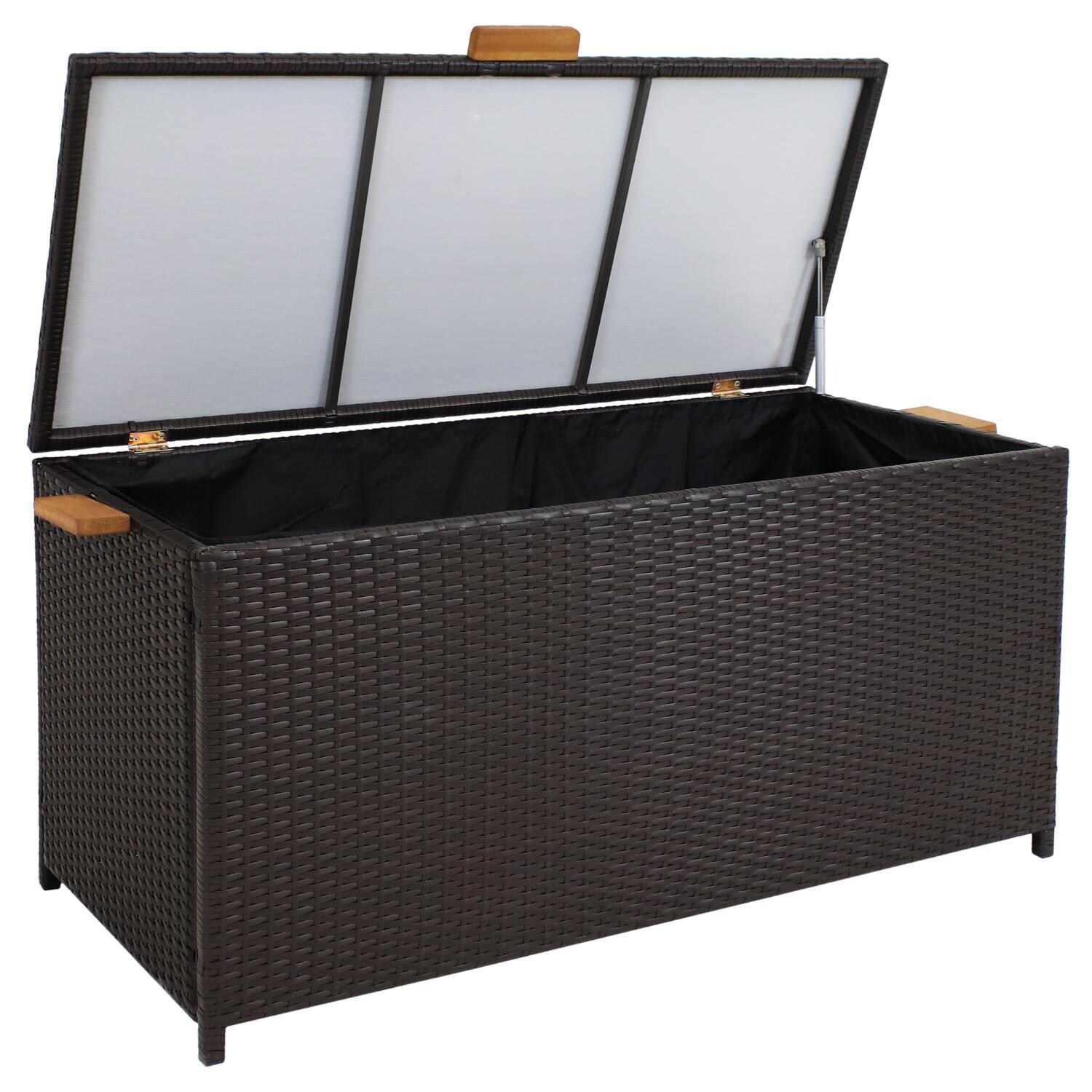 Ultimate Patio 75-Gallon Indoor/Outdoor Resin Wicker Storage Box W/ Acacia Wood Handles - Lid Open Angled View thumbnail