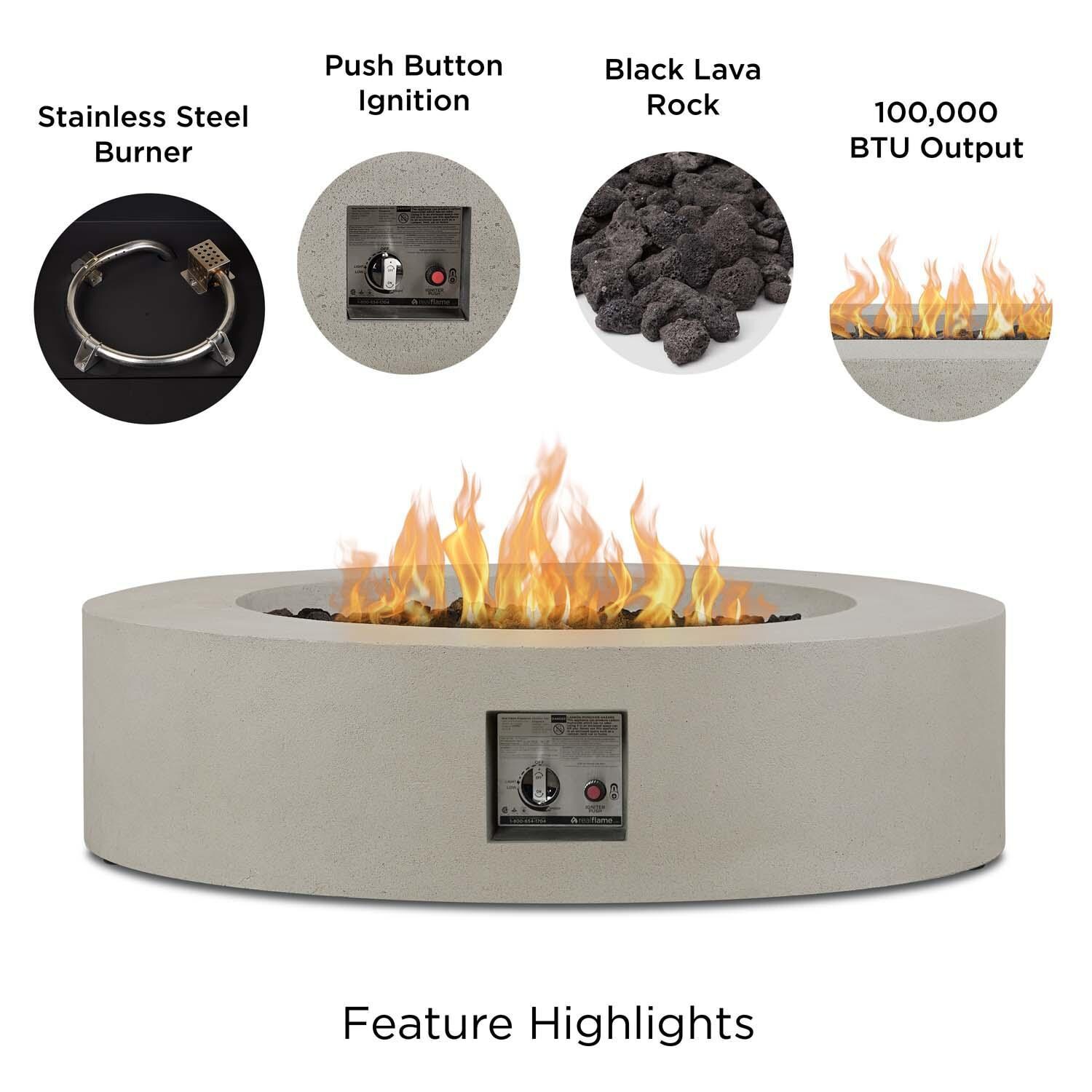 Hillview Bay 43 Inch Round Glass Fiber Reinforced Concrete Propane Fire Pit Table in Flint by BBQGuys Signature - Features thumbnail