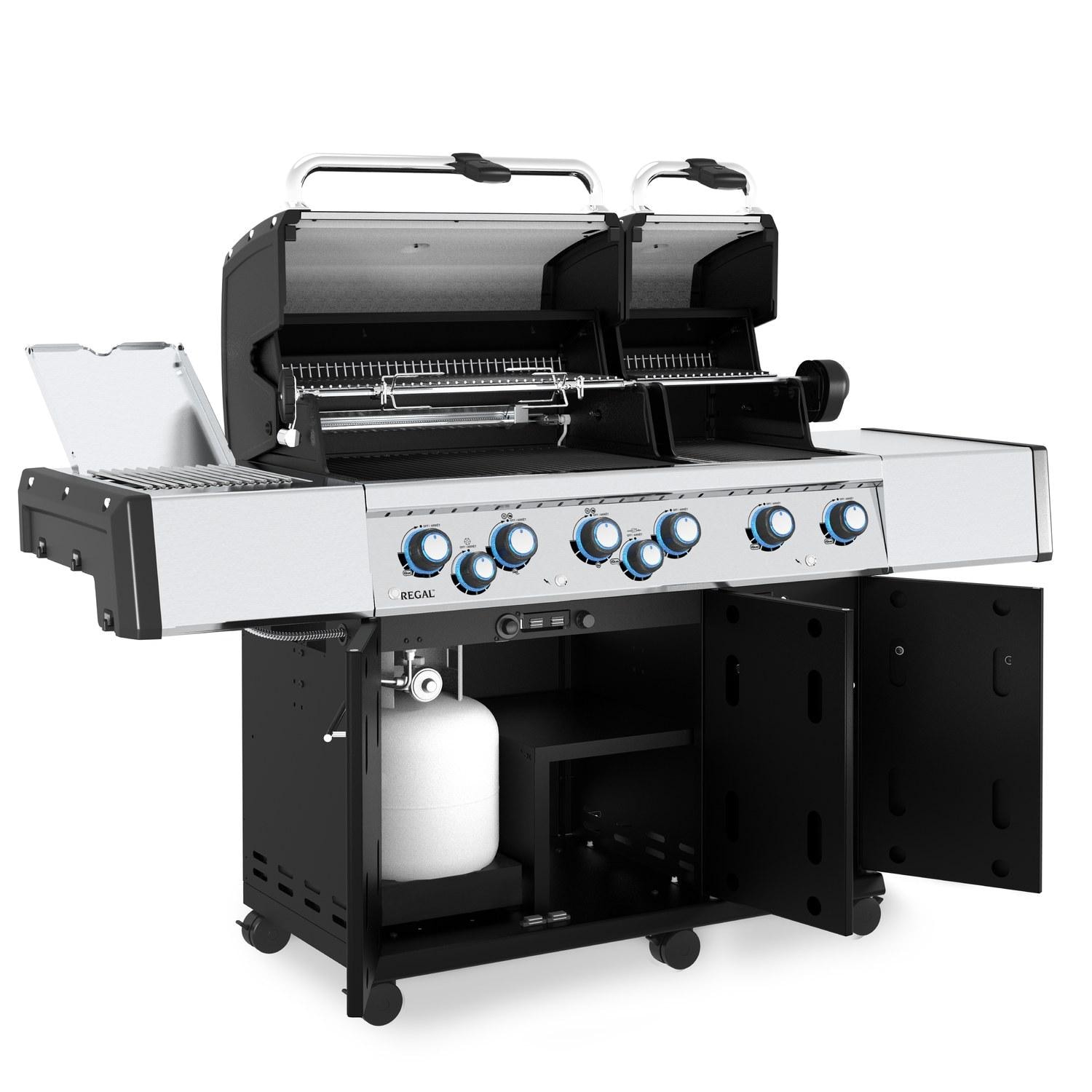 Broil King 957944 Regal S 690 PRO IR 6-Burner Propane Gas Grill With Rotisserie & Infrared Side Burner - Stainless Steel - Cabinet Open - White Background thumbnail