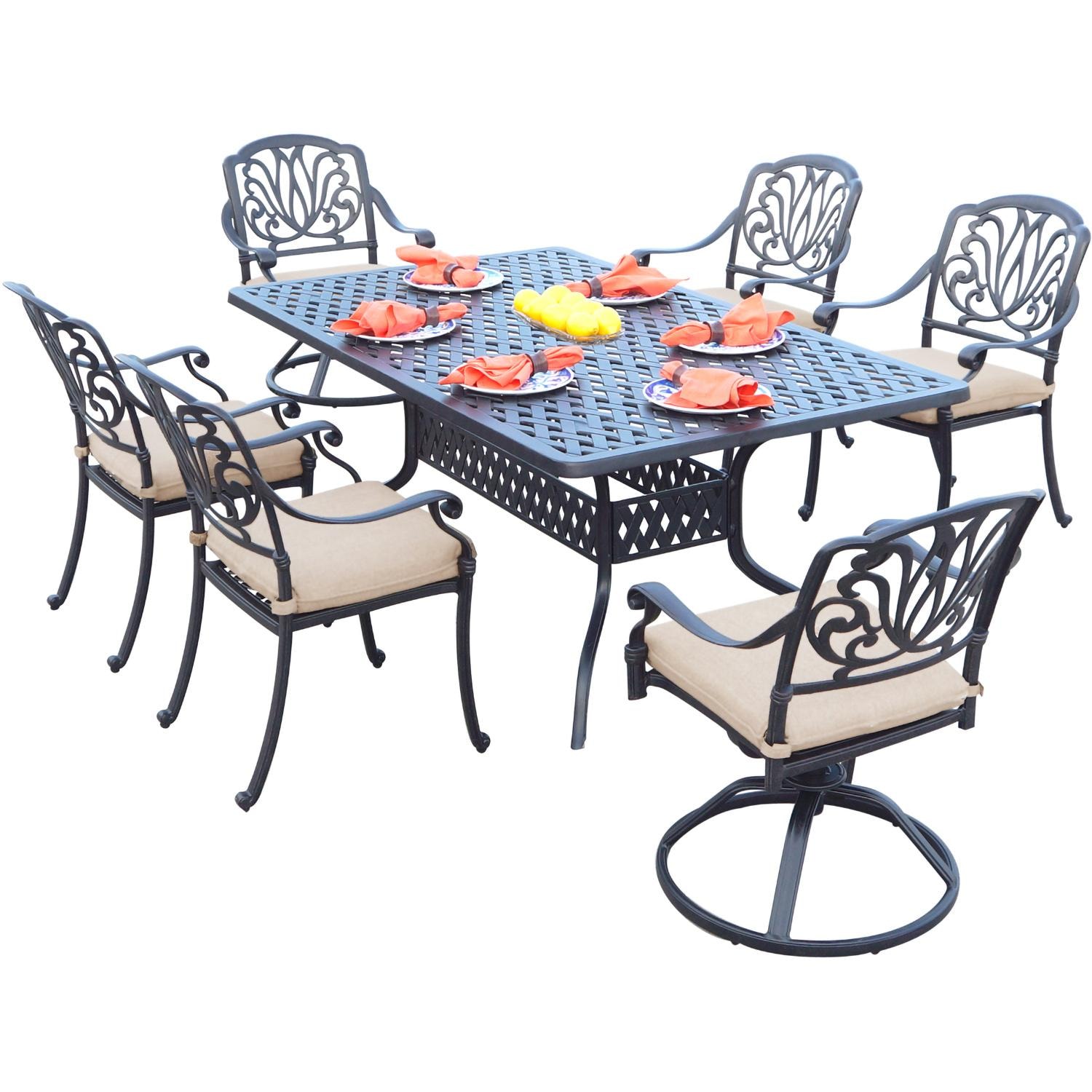 Darlee Elisabeth 7-Pc Dining Set w/ 72 X 42-Inch Series 30 Table & 2 Swivel Rockers in Antique Bronze/Beige - Full Set - White Background thumbnail