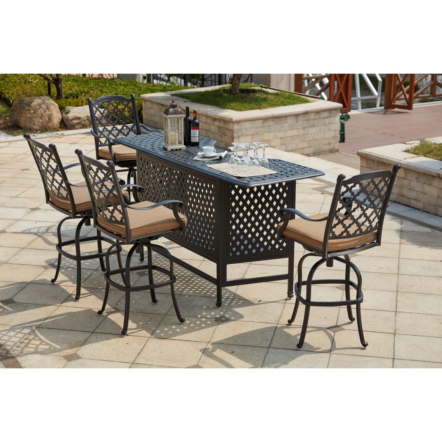 Darlee 201650-5PC-60K Madison 5 Piece Cast Aluminum Patio Party Bar Set W/ Swivel Bar Stools - Lifestyle thumbnail