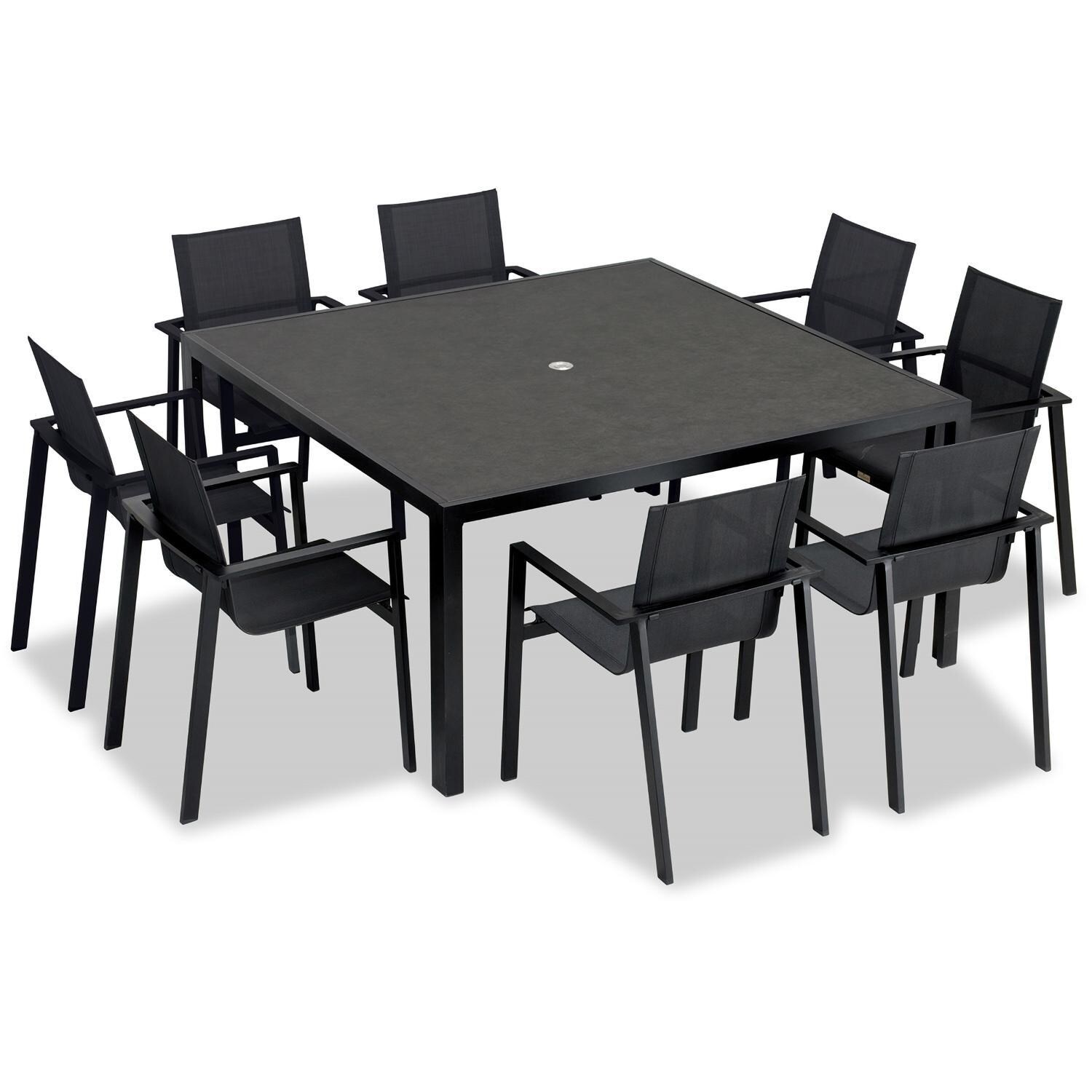 Spring Bay 9 Piece Square Dining Set in Black - Angled View From Above - White Background thumbnail