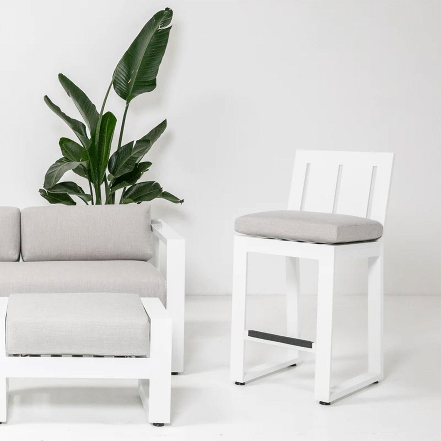 Newport Aluminum Patio Counter Stool in Canvas Skyline w/ No Welt by Sunset West - Shown in Cast Silver Cushion Color finish (Only Counter Stool Included) - White Background thumbnail