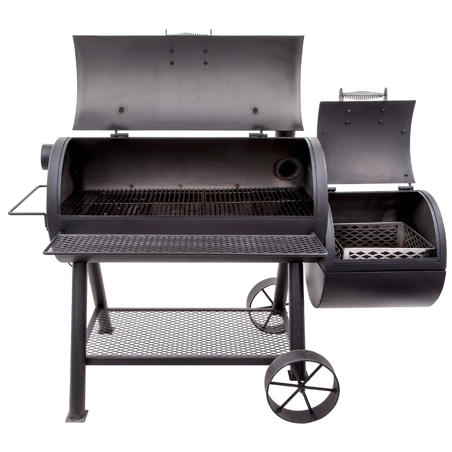 Oklahoma Joe's 17202053 Longhorn Reverse Flow Smoker - Lid Open - White Background thumbnail