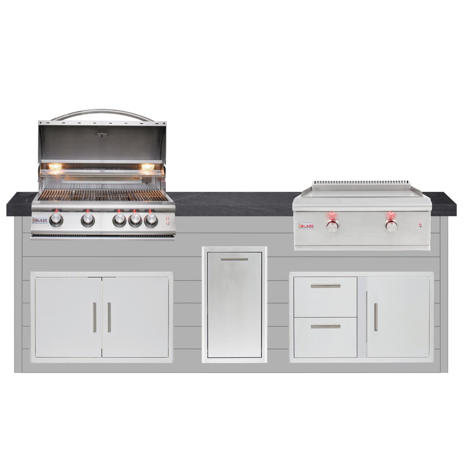 BBQGuys Signature 8ft Luxury Outdoor Island W/ Blaze Premium LTE 32-Inch Natural Gas Grill & LTE 30-Inch Natural Gas Griddle - Light Gray Steel W/ Black Polished Granite