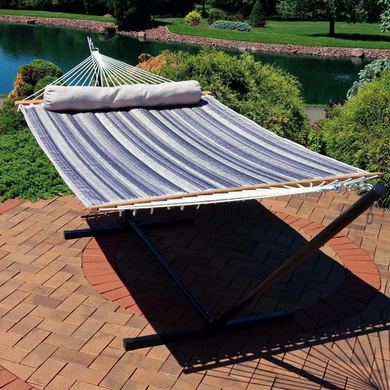 Ultimate Patio Quilted Double Hammock w/ 15-Foot Steel Beam Stand & Pillow - Mountainside - Lifestyle thumbnail