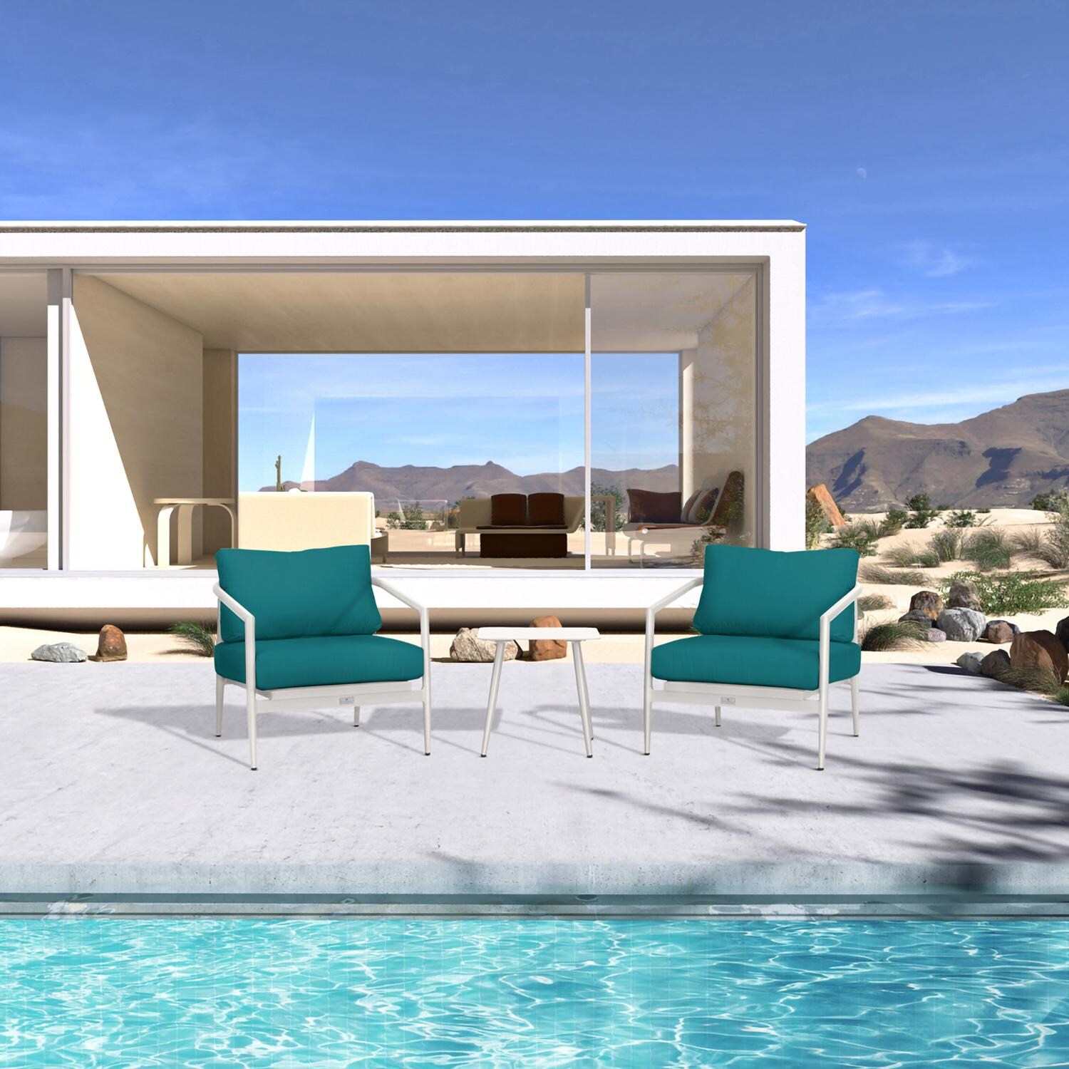 Lakeview Midnight Cove 3 Pc Aluminum Club Chair Seating Set in Urban Stone/Carrera/Spectrum Peacock - Lifestyle thumbnail