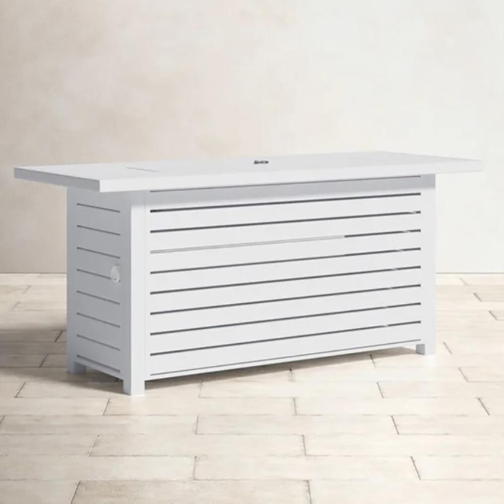 Ultimate Patio Regina Bay 54 Inch Rectangular Metal Propane Fire Pit Coffee Table W/ Lid in White - Angled Right - Lifestyle thumbnail