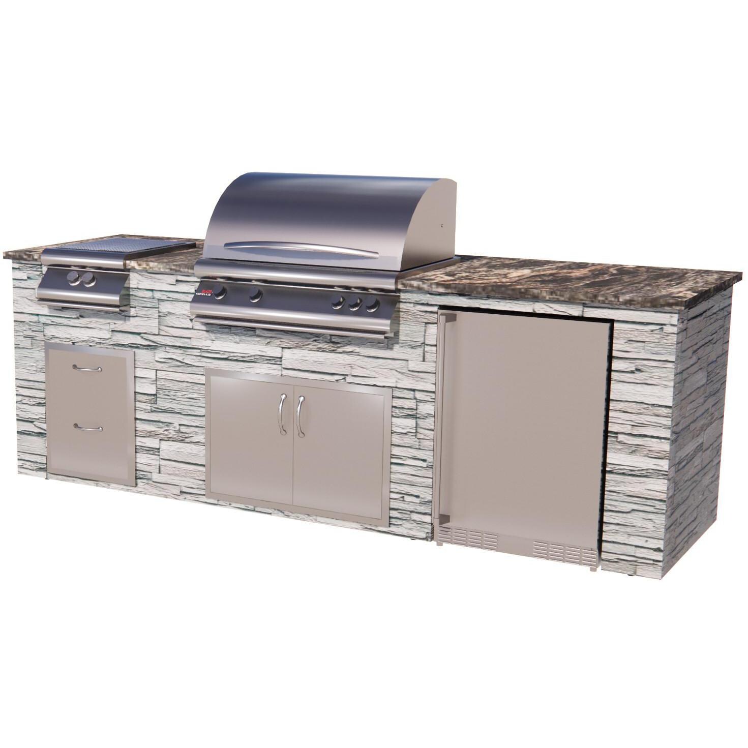 BBQGuys Signature 9-Foot Finished Island Kitchen W/ Blaze Premium LTE 32-Inch Natural Gas Grill, Side Burner, & Outdoor Rated Refrigerator - NY Blue Stone W/ Tiramisu Granite - Angled View thumbnail