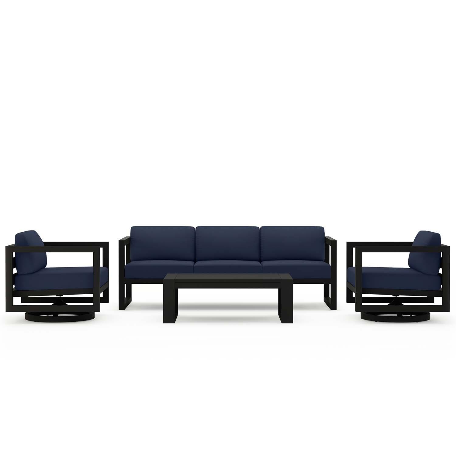 Misty Cove 4 Pc Aluminum Sofa Seating Set w/ Swivel Chairs in Black/Spectrum Indigo by Lakeview Outdoor Designs - White Background thumbnail