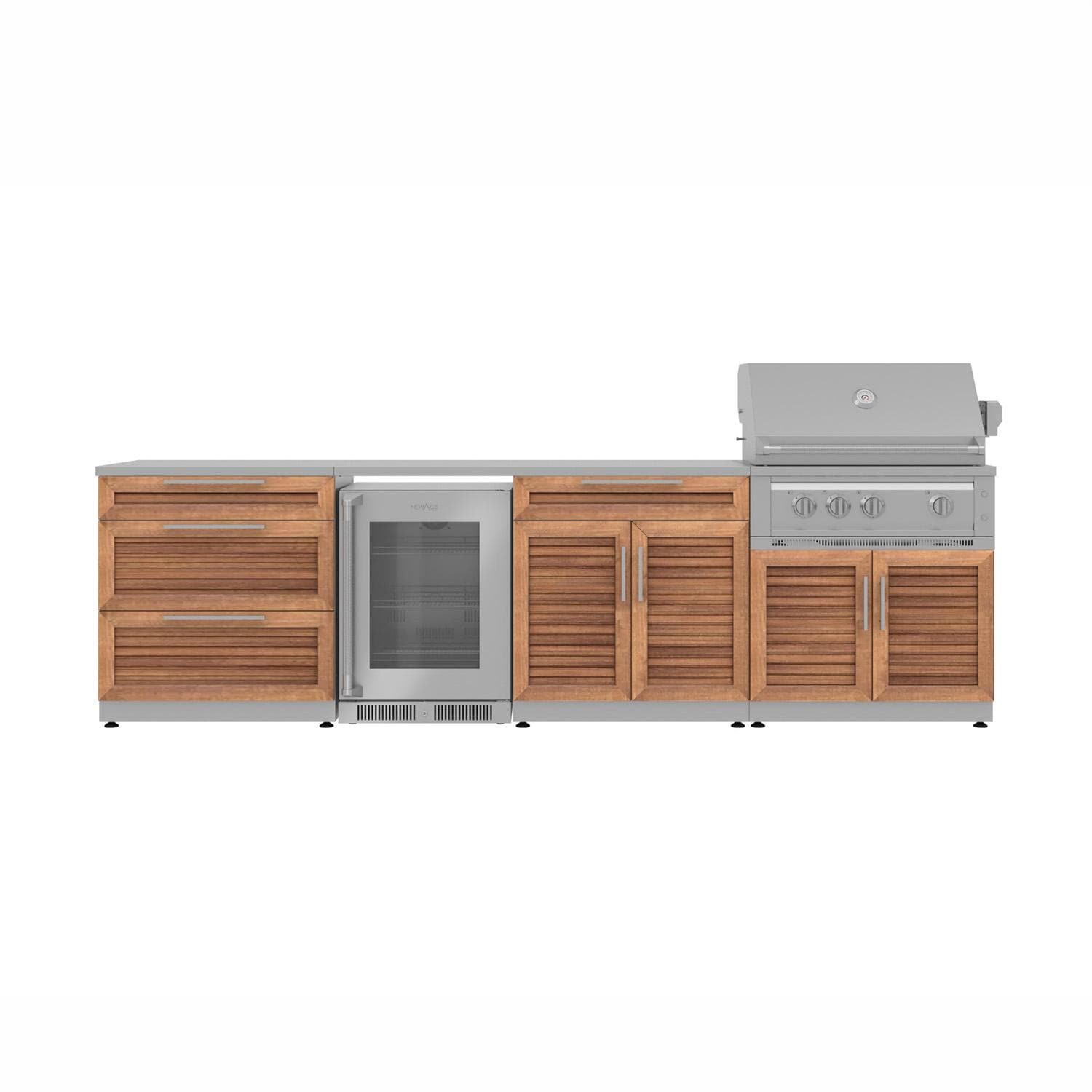 NewAge Products Classic Series 10 Ft Outdoor Kitchen Island w/ 33-in Propane Grill, Glass Door Refrigerator, Trash Bin, Door & Drawer in Grove/Stainless Steel