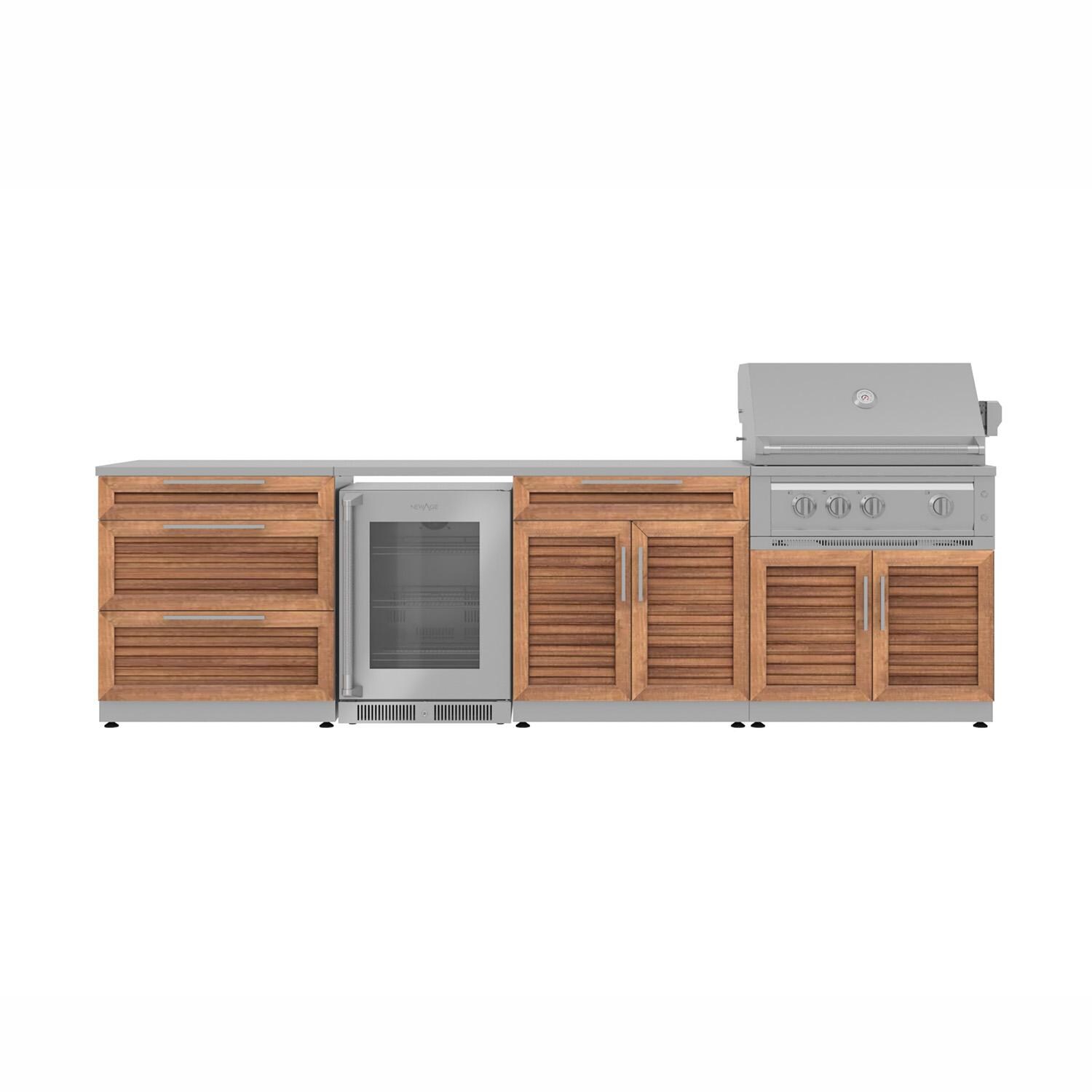 NewAge Products Classic Series 10 Ft Outdoor Kitchen Island w/ 33-in Propane Grill, Glass Door Refrigerator, Trash Bin, Door & Drawer in Grove/Stainless Steel