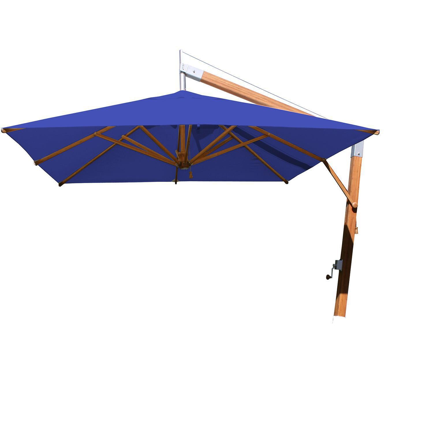 Bambrella 11 Ft. Square Bamboo Levante Side Wind Umbrella Set w/ Deck Plate Surface Mount in Ocean Blue - White Background thumbnail