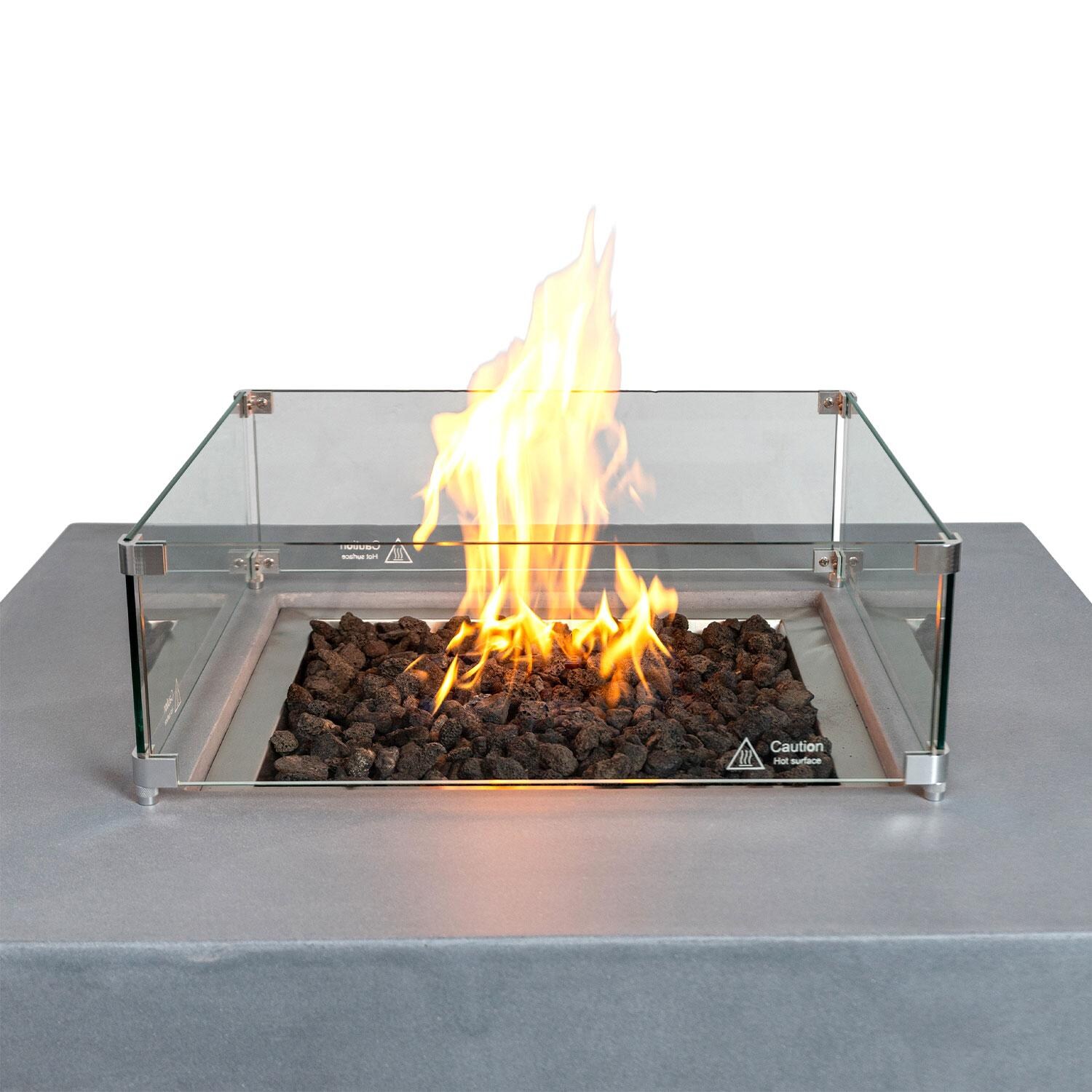 Glenwood 42-in Square Concrete Propane Fire Pit w/ Hidden Propane Tank in Natural Gray - Glass Wind Guard - Close View - White Background thumbnail