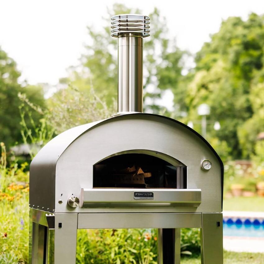 Fontana Forni FTFIR-H-R + FTCART-L Firenze Hybrid Pizza Oven on Cart - Red - Oven Open - Lifestyle thumbnail