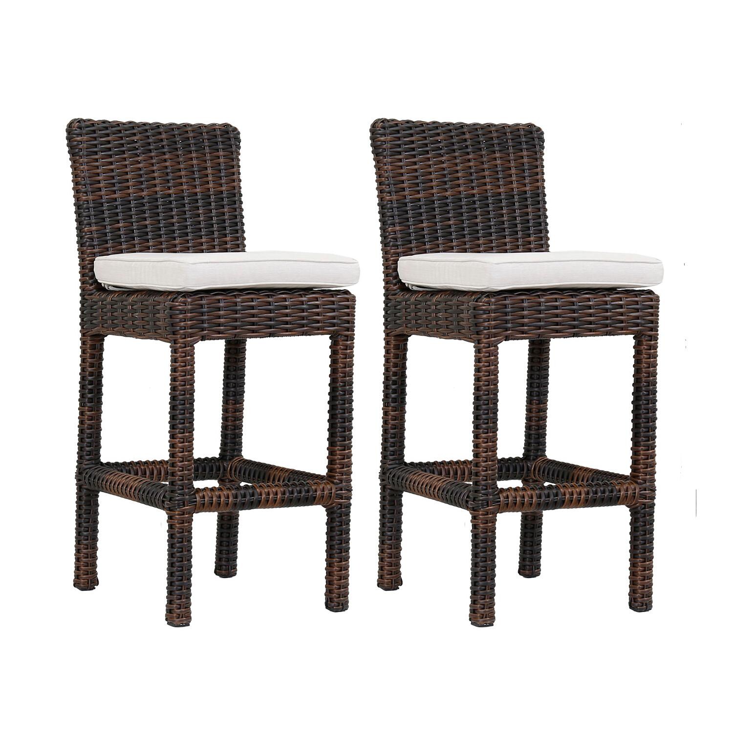 Montecito 2 Piece Wicker Patio Bar Stool Set W/ Sunbrella Canvas Flax Cushions By Sunset West