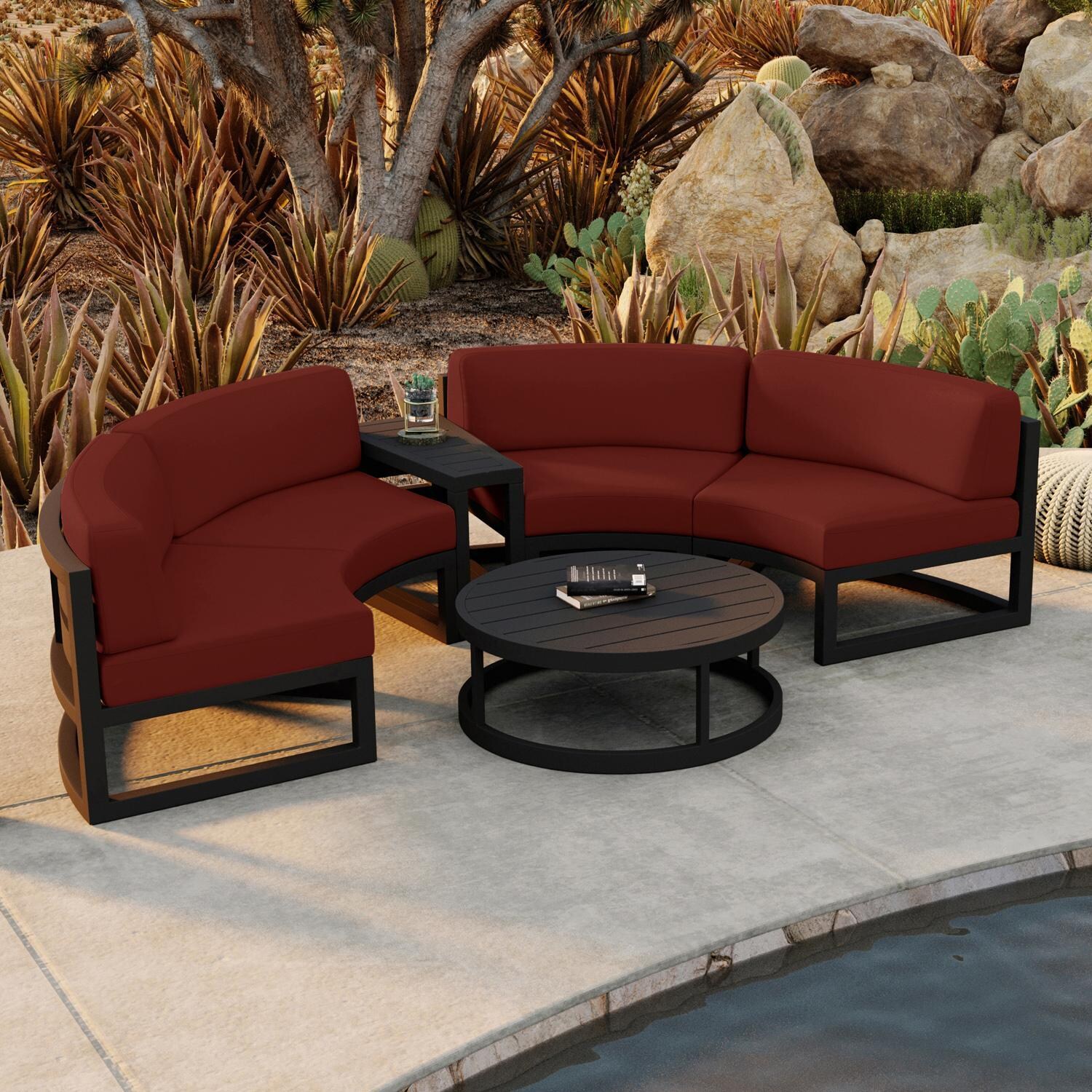 Lakeview MSTYCV-BK-4CSEC-HN Misty Cove 4 Pc Aluminum Curve Sectional Set in Black w/Coffee Table & Canvas Henna Cushions by Lakeview Outdoor Designs - Set by the Pool From Above - Lifestyle thumbnail