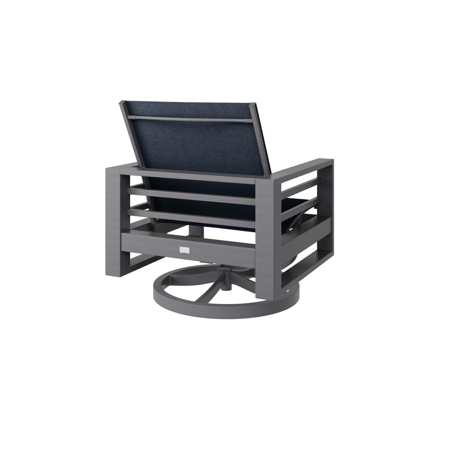 Palermo Aluminum Club Chair Swivel Rocker in Graphite w/ Harbor Indigo Sling By Ebel - Back View - White Background thumbnail