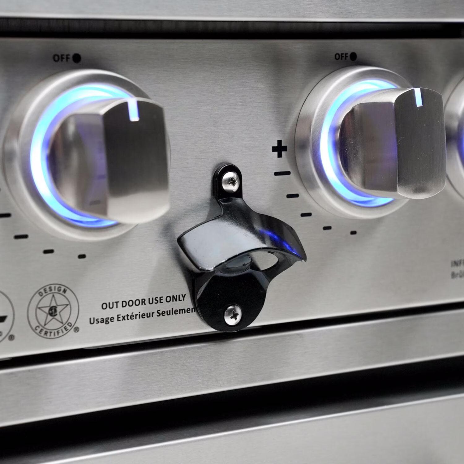 Mont Alpi Black Series 10 Ft Propane Outdoor Kitchen Island w/ Side Burner & Refrigerator - Bottle Opener - Shown in Stainless Steel - Detail thumbnail