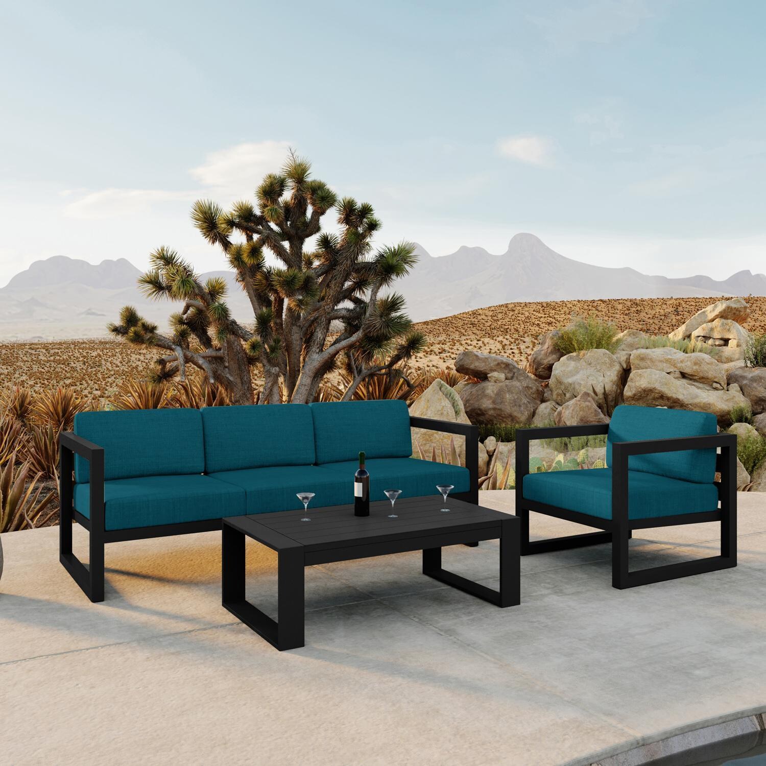 Lakeview MSTYCV-BK-3SS-PC Misty Cove 3 Pc Aluminum Seating Set in Black w/Portal Coffee Table & Spectrum Peacock Cushions by Lakeview Outdoor Designs - By the Pool - Lifestyle thumbnail