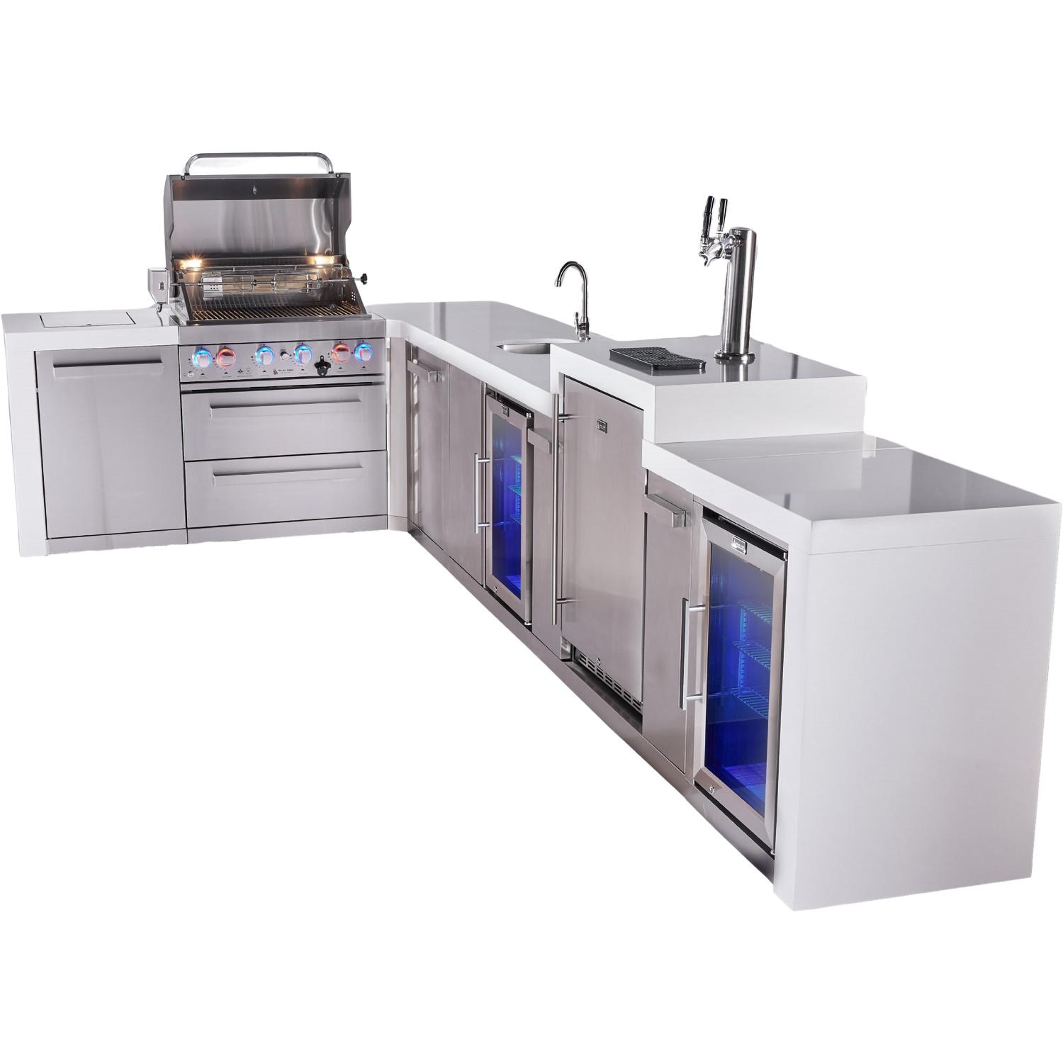 Mont Alpi Deluxe Series 13 1/2 Ft Propane Outdoor Kitchen Island w/ 44-in Grill, Side Burner, Beverage Center, Kegerator, Fridge & Triple Drawer - MAi805-D90KEGBEVFCDR - Grill Open - White Background thumbnail