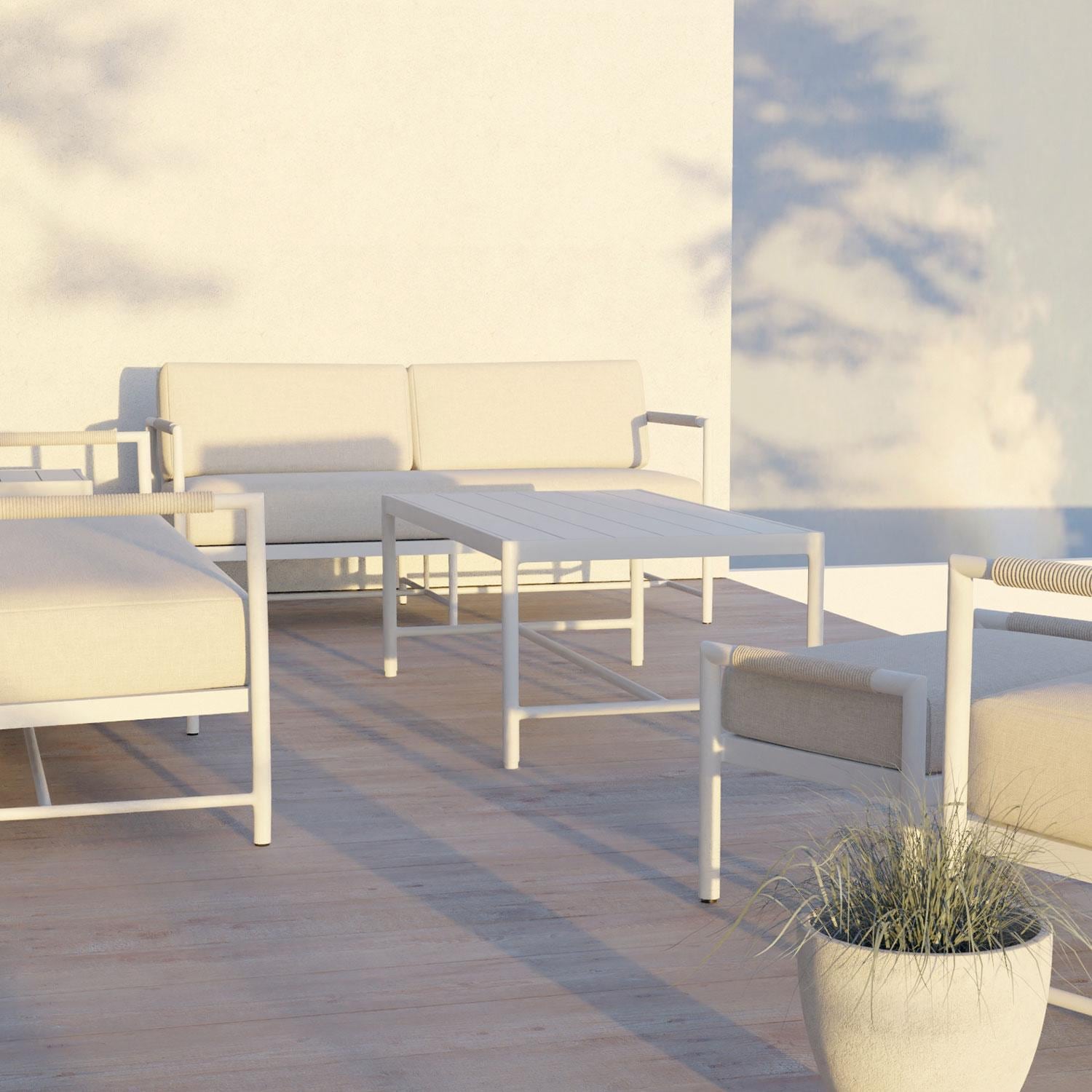 Sabbia Aluminum Loveseat in Dupione Celeste w/ No Welt by Sunset West - Patio - Shown in Echo Ash Cushion Color finish - Lifestyle thumbnail