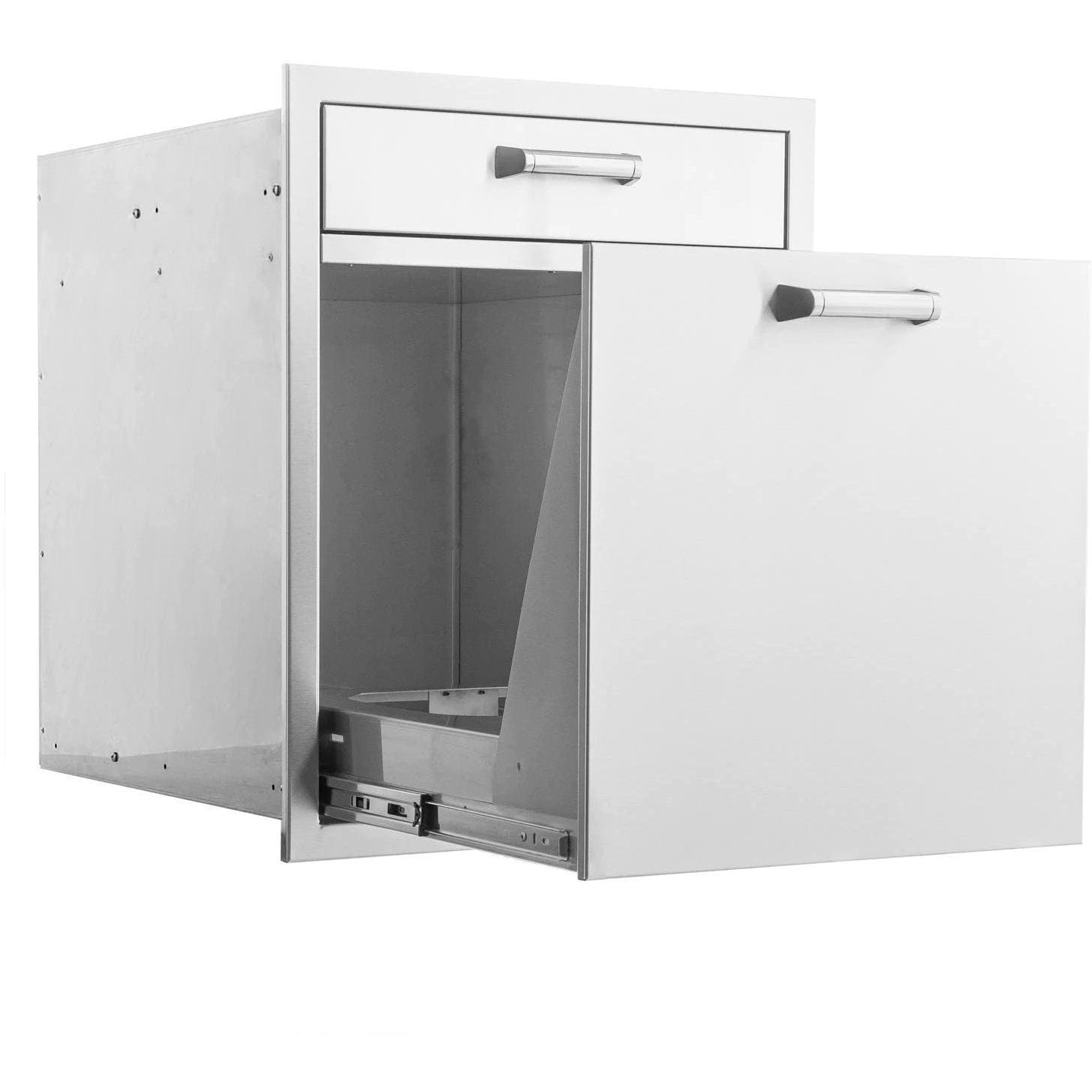 BBQGuys Signature 20-Inch Stainless Steel Single Drawer With Roll-Out Trash & Recycling Bin Combo - Trash Bin Open - White Background thumbnail