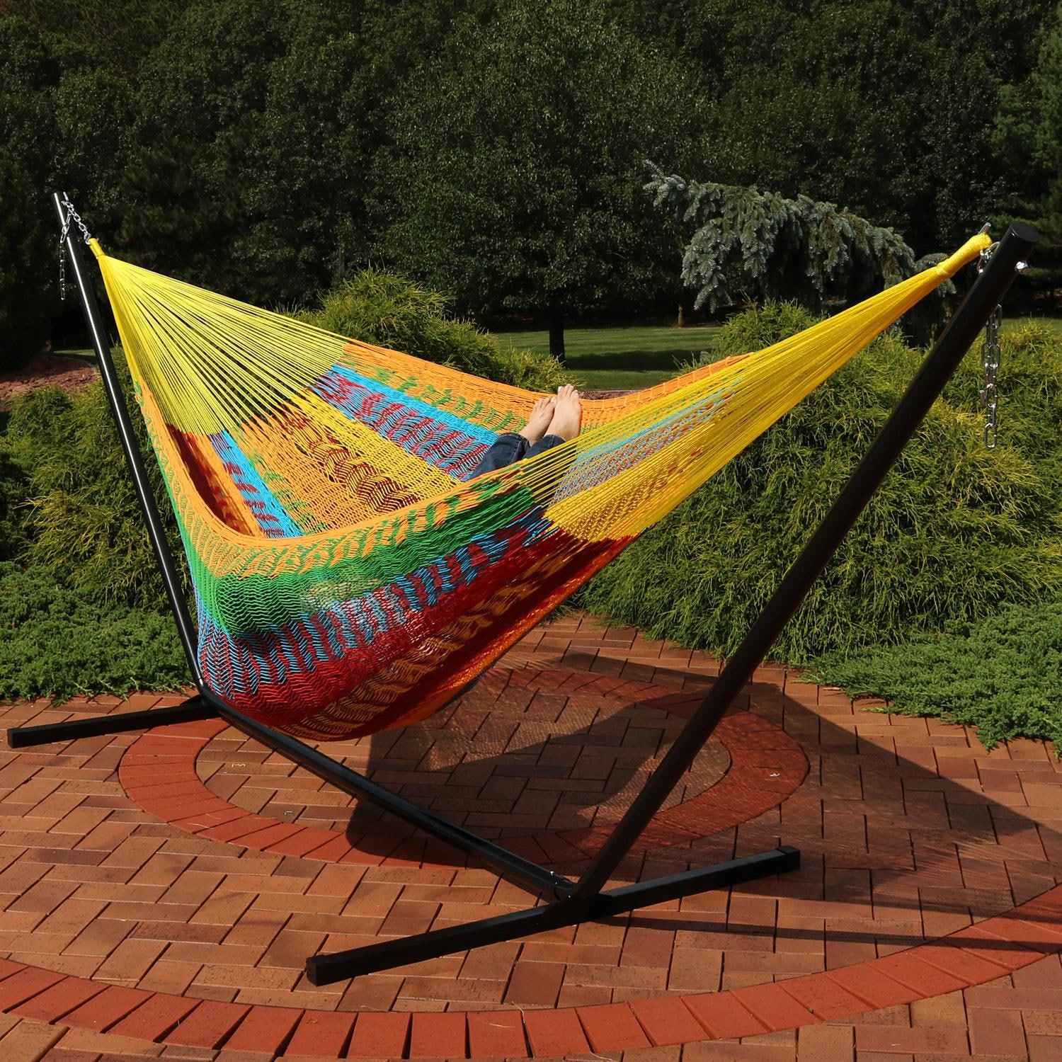 Ultimate Patio XXL Thick Cord Handwoven Family-Sized Mayan Hammock w/ 15-Foot Stand - Multi-Color - Lifestyle thumbnail