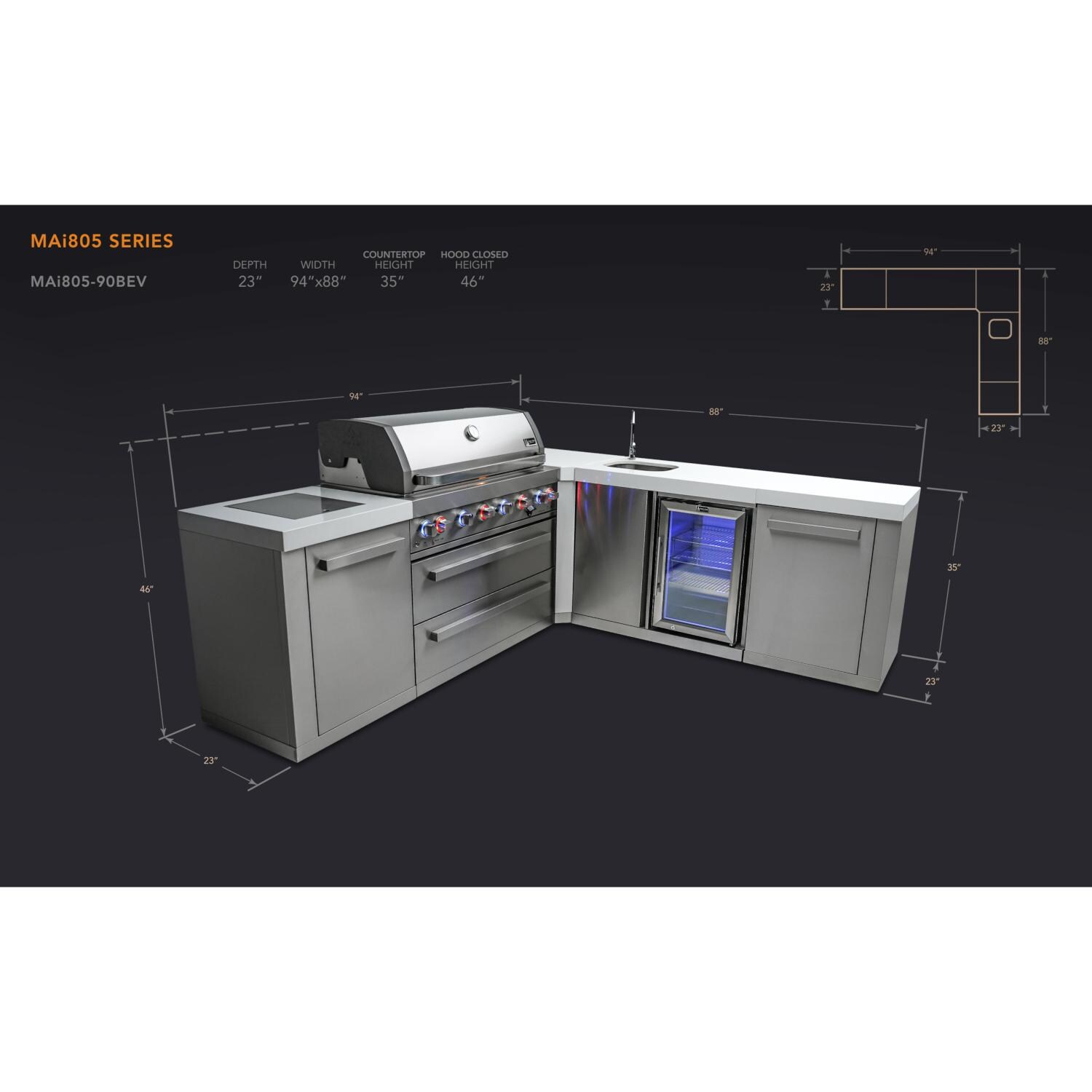 Mont Alpi MAi805-90BEV 805 Propane Island W/ 90 Degree Corner & Beverage Center - Dimensions thumbnail