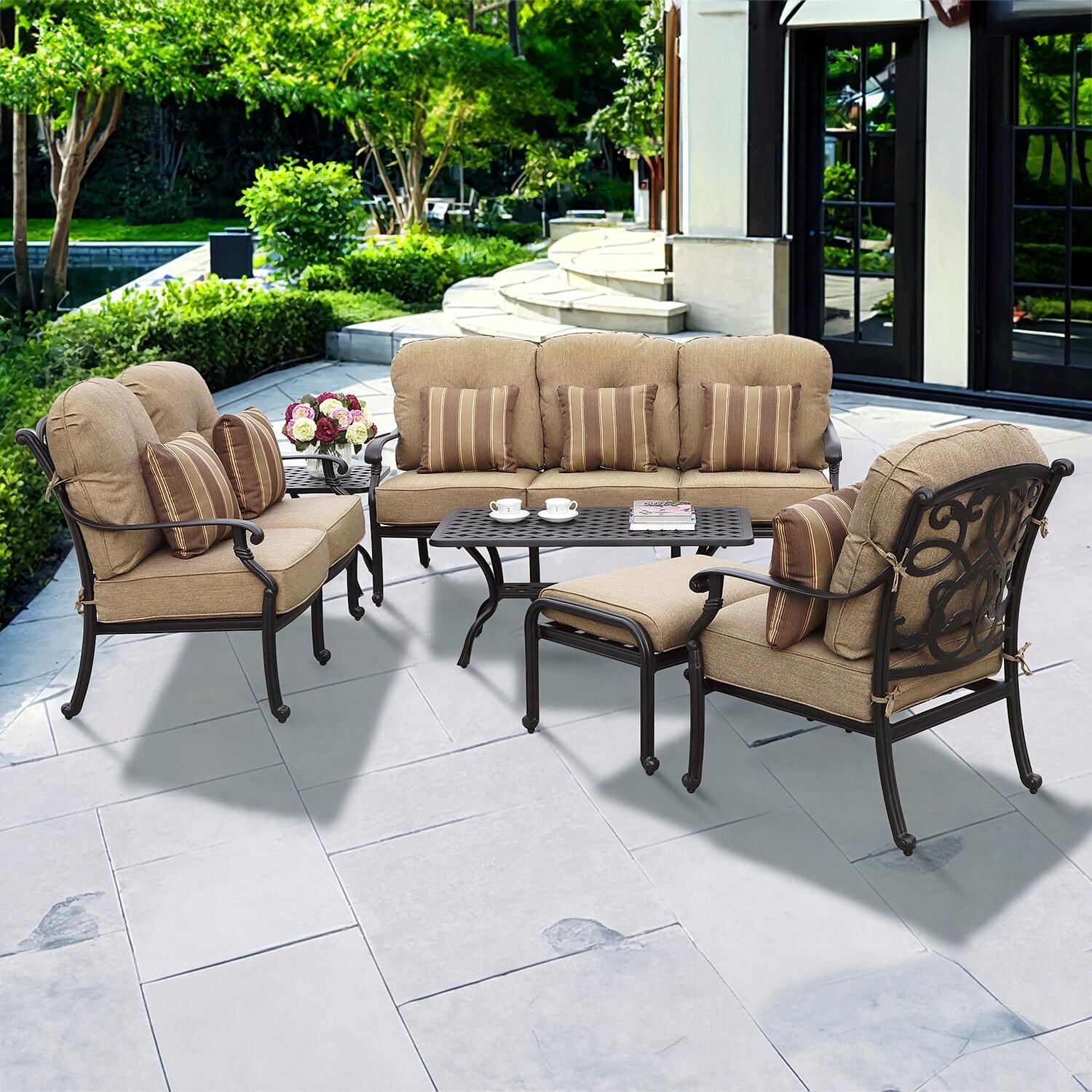 Darlee Santa Monica 6-Piece Patio Deep Seating Conversation Set with Cushions and Series 30 21 Inch Square End Table and 21 X 42 Inch Rectangular Coffee Table - Set - Lifestyle thumbnail