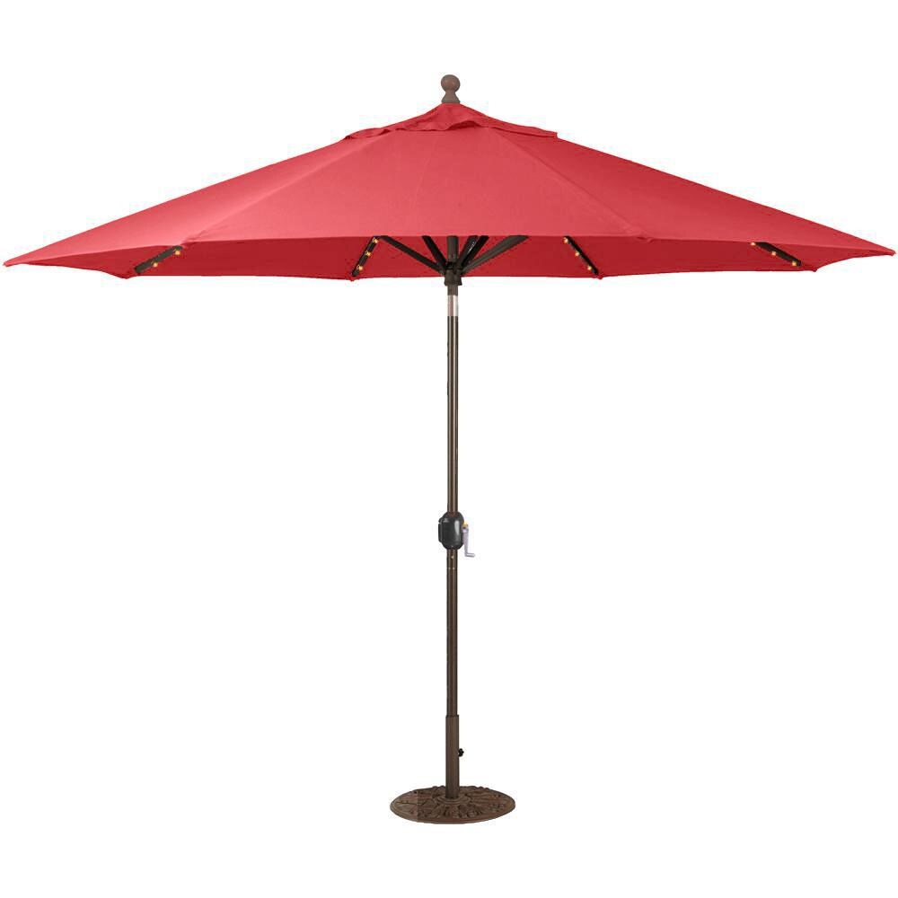 Galtech 11 Ft. Lighted LED Octagonal Aluminum Patio Market Umbrella W/ Crank Lift And Auto Tilt - Antique Bronze Frame W/ Sunbrella Canvas Jockey Red Canopy