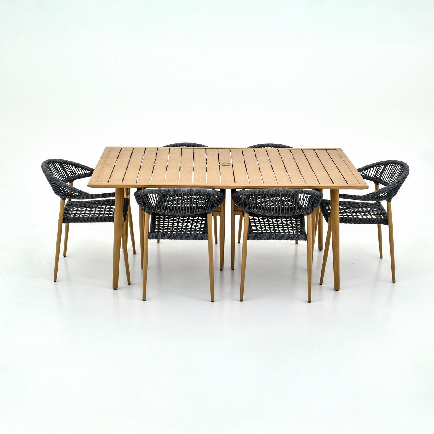 Lakeview Outdoor Designs LV-352-7 Eden Isle 7 Pc Aluminum Dining Set in Natural Wood - Long Side - White Background thumbnail