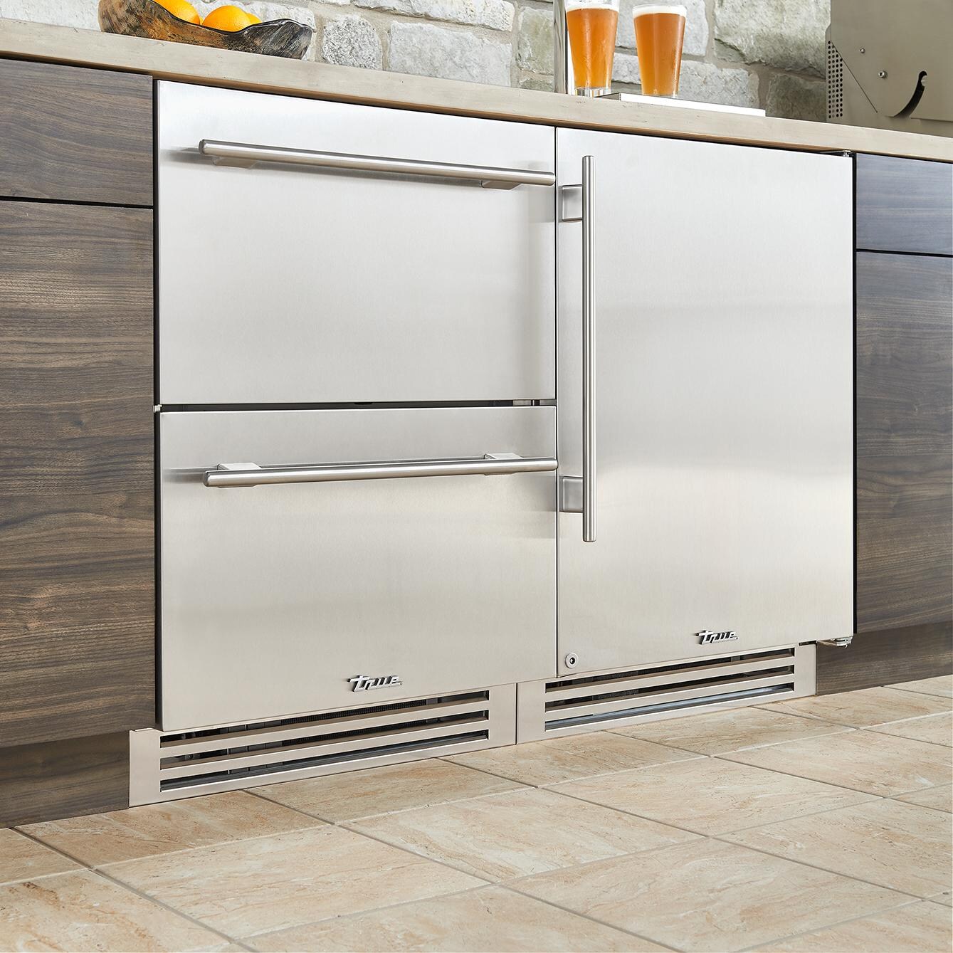 True TURADA-24-D-A~078-H01 ADA Height 24 Inch 5 Cu. Ft. Outdoor Refrigerator Drawers in Cobalt w/ Brass Handles - Angled (Shown in Stainless Steel) - Lifestyle thumbnail