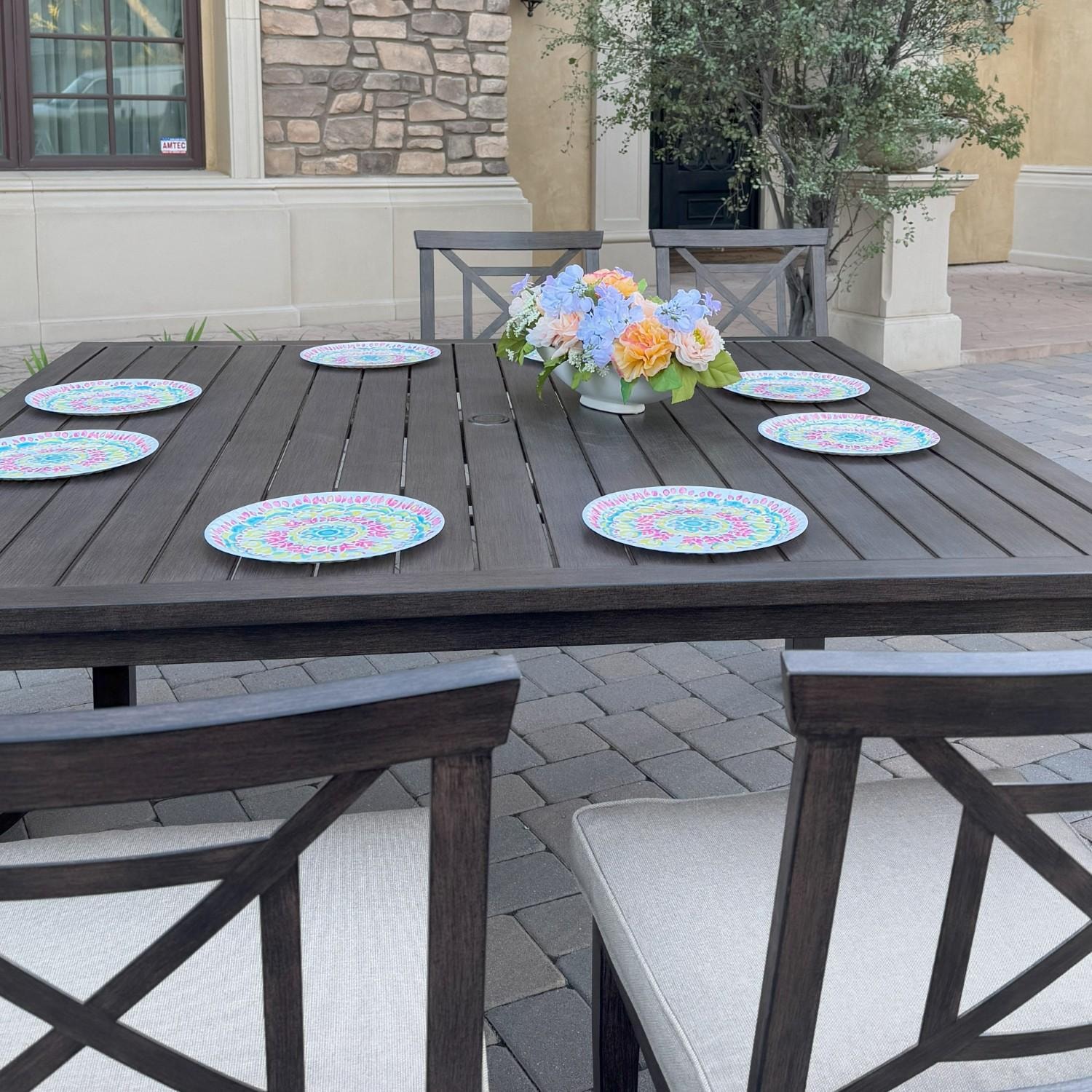 Atlantis 8 Pc Aluminum Dining Set w/ 4 Dining Side Chairs, 2 Swivel Rocker Dining Arm Chairs & Two Person Bench in Walnut/Beige by Darlee - Table Top - Lifestyle thumbnail