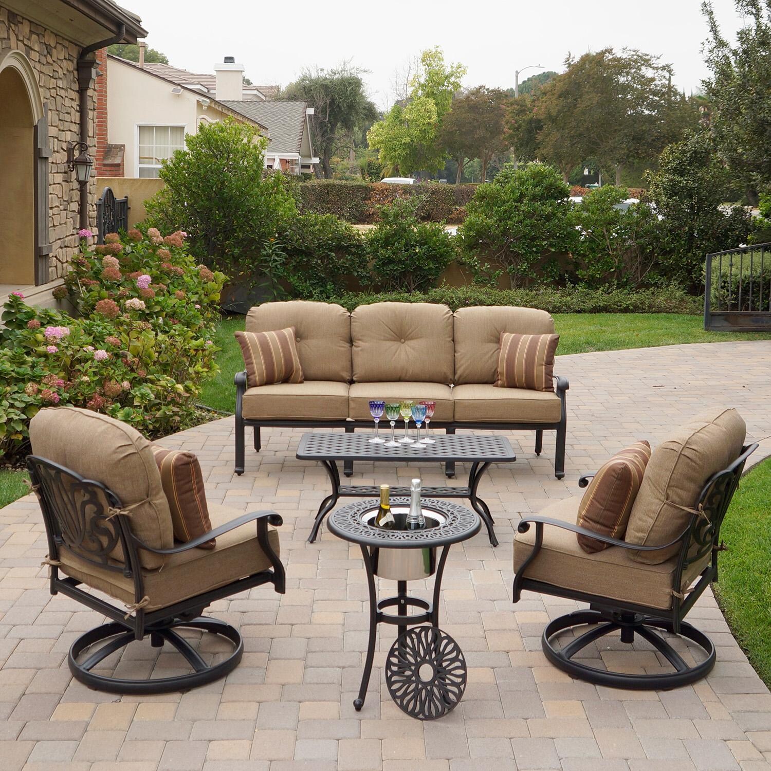 Elisabeth 5 Pc Cast Aluminum Seating Set w/ Series 30 Coffee Table & End Table in Antique Bronze by Darlee - Lifestyle thumbnail