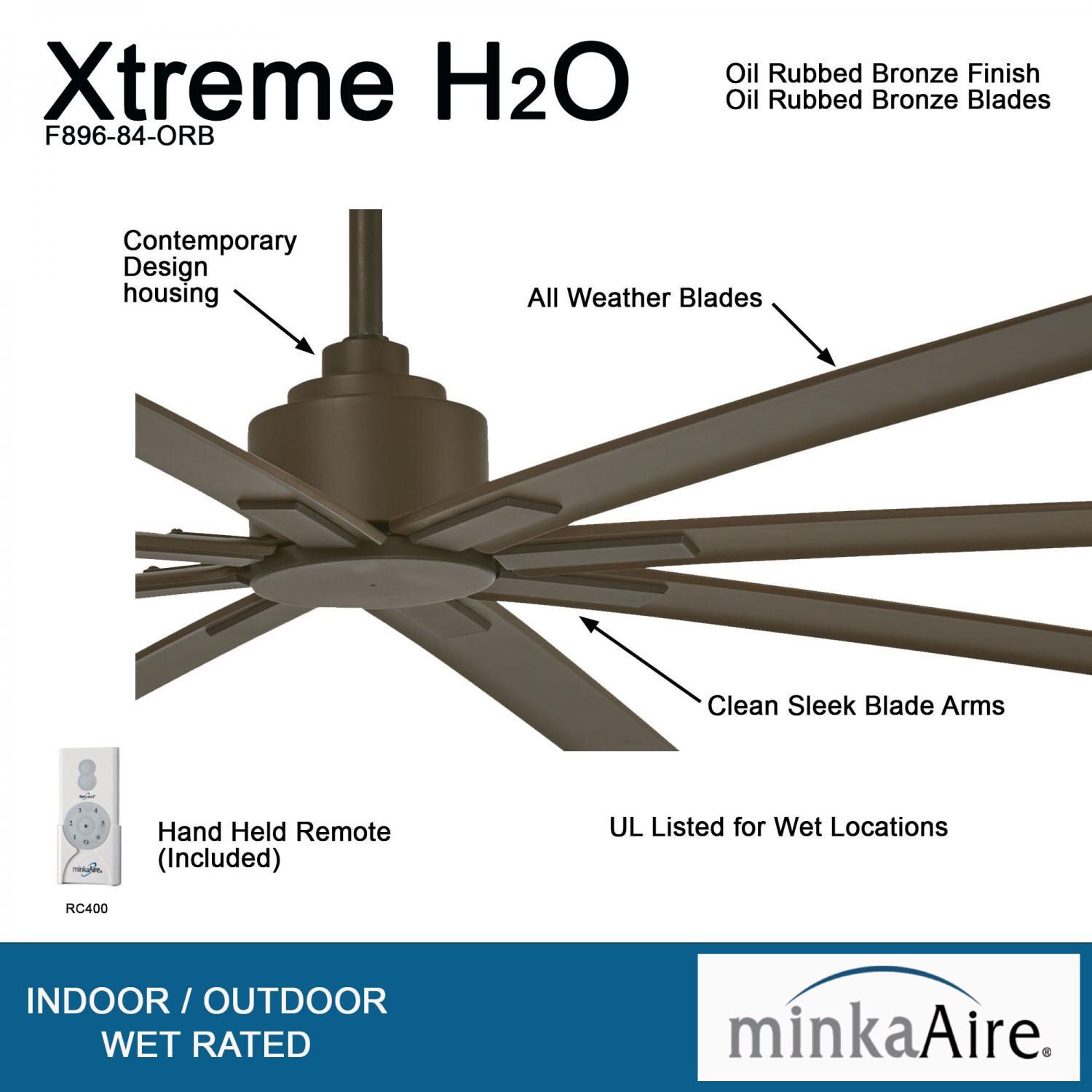 Minka-Aire F896-84-ORB Xtreme H2O 84-Inch 8-Blade Ceiling Fan in Oil Rubbed Bronze Finish w/ Oil Rubbed Bronze Blades - Details thumbnail