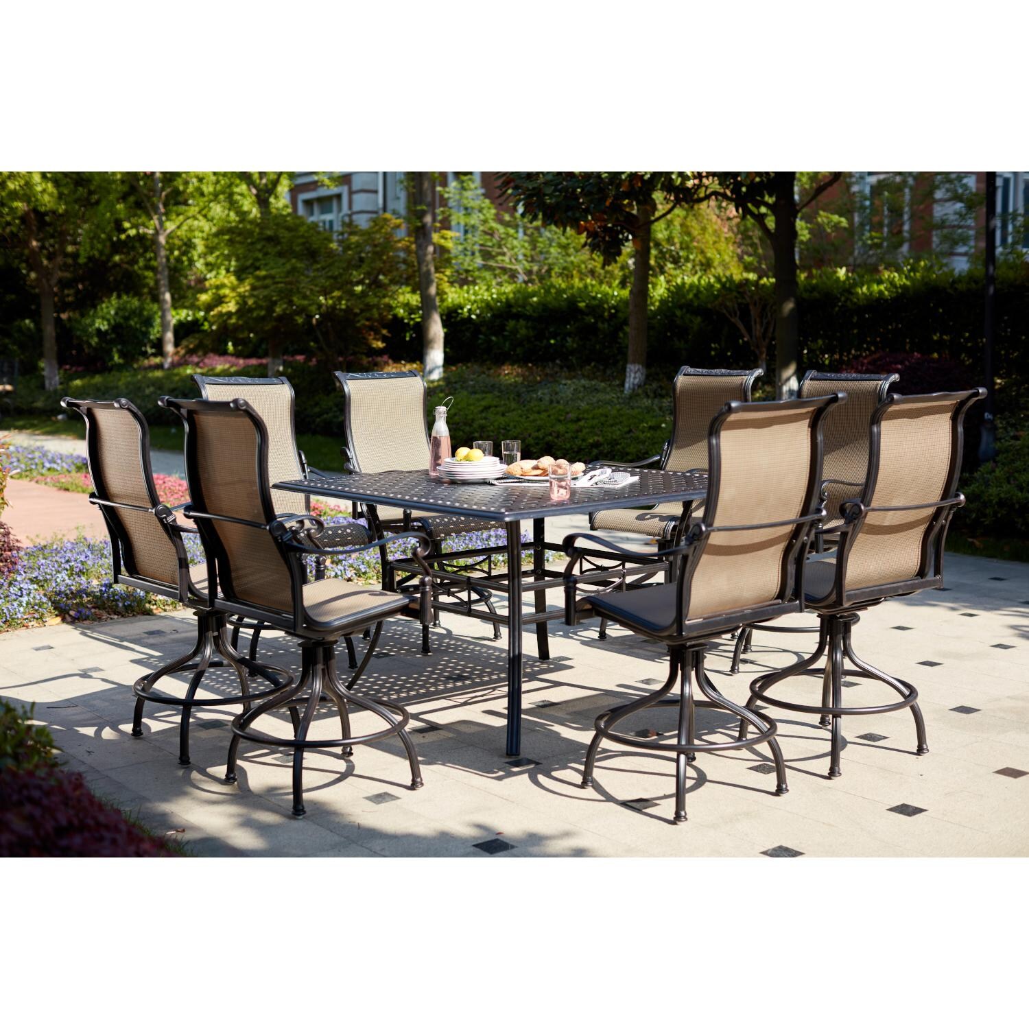 Darlee 301110-9PC-88WCH Monterey 9 Piece Cast Aluminum Sling Patio Bar Set W/ 60 Inch Square Counter Height Table - Lifestyle thumbnail