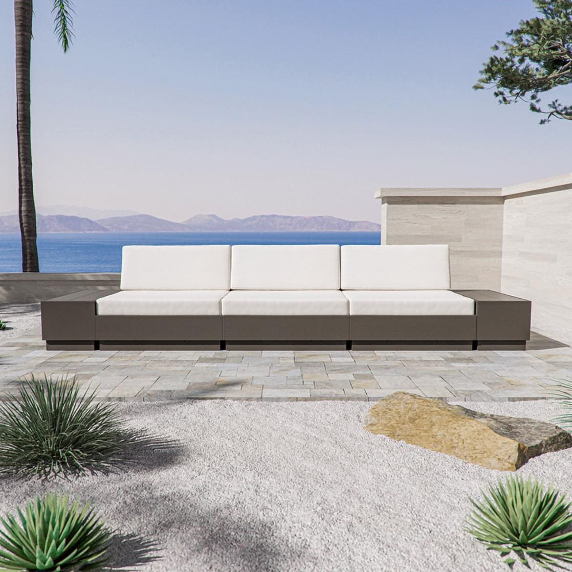 PW Designer Series PWS845-2-VSH164488 Elevate 5 Pc Recycled Plastic Seating Set in Vintage Sahara/Navy Linen - On the Patio (Shown in Vintage Coffee/Dune Burlap) - Lifestyle thumbnail