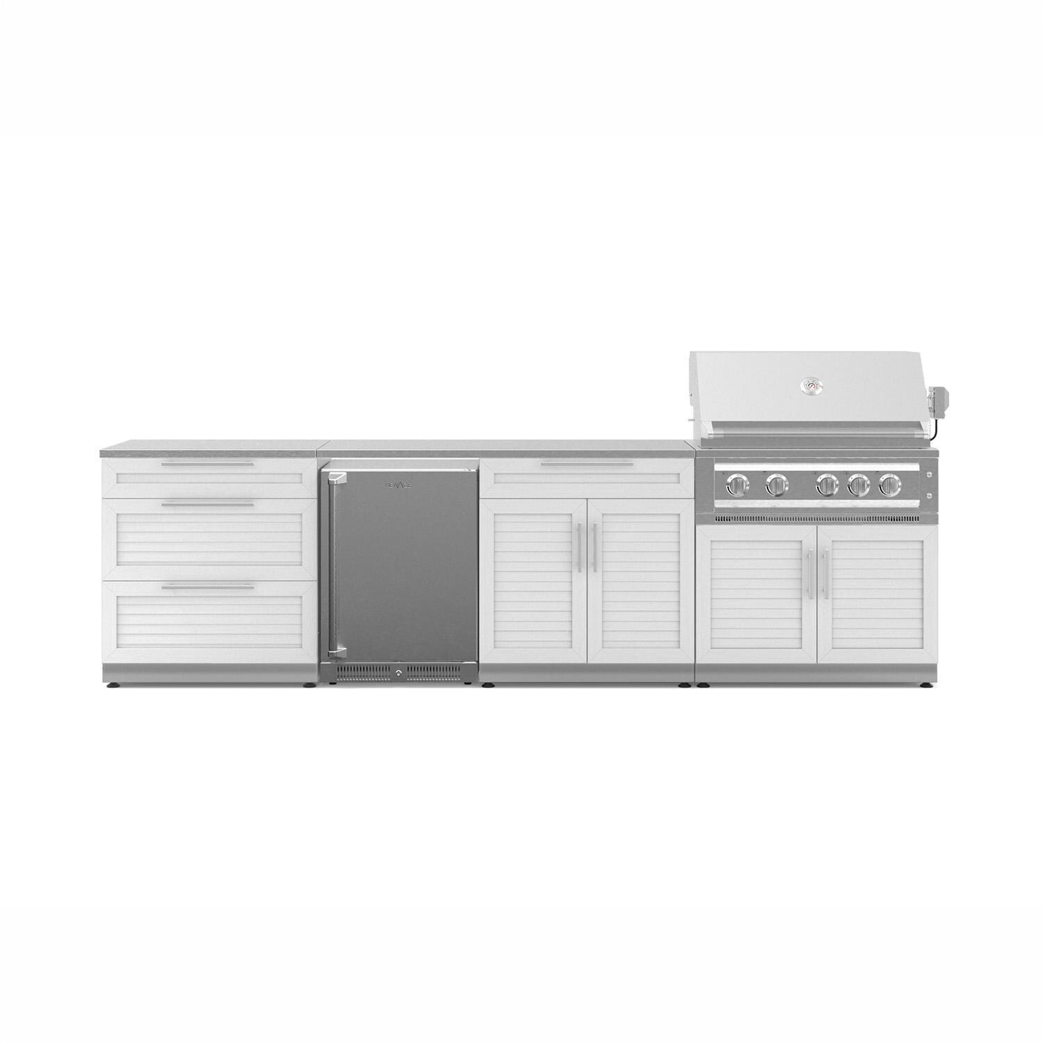 NewAge Products 71426 Classic Series 10 1/2 Ft Outdoor Kitchen Island w/ 36-in Natural Gas Grill, Refrigerator, Trash Bin, Door & Drawer in White/Stainless Steel - Island - White Background thumbnail