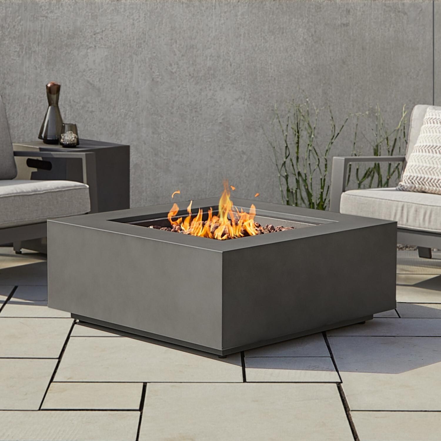 Elysian 3 Pc Powder Coated Steel Seating Set w/ 36 Inch Square Fire Pit in Weathered Slate by Lakeview - Angle - Lifestyle thumbnail