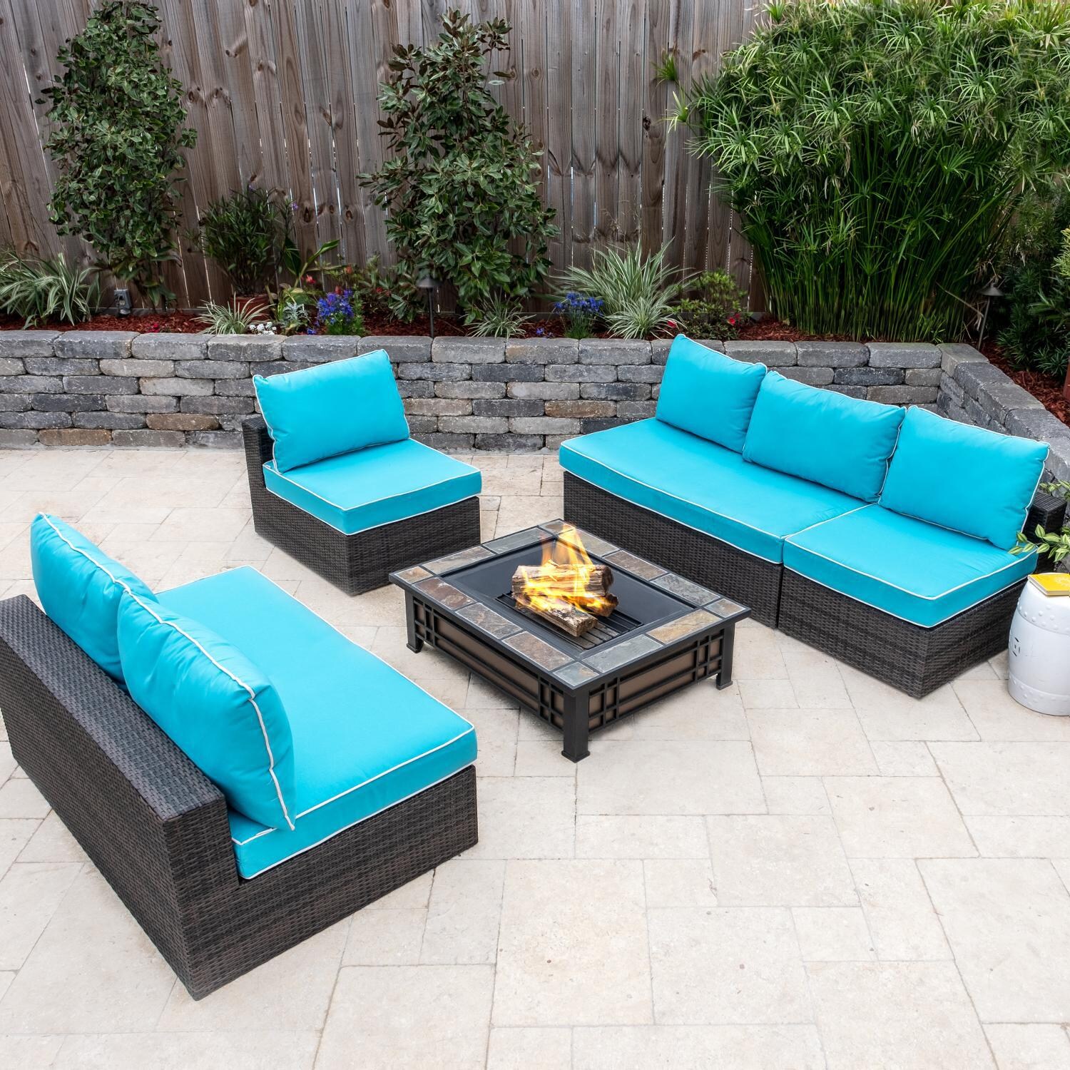 Gentilly 5 Piece Wicker Patio Fire Pit Sectional Set thumbnail