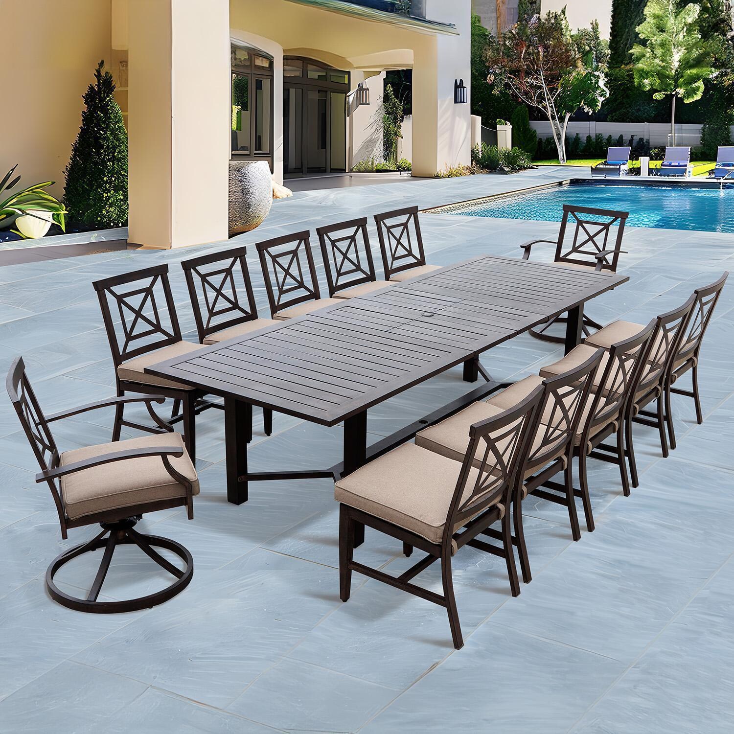 Atlantis 13 Pc Aluminum Dining Set w/ 118 Inch Table, Swivel Rockers, and Beige Cushions in Walnut By Darlee - On Patio - Lifestyle thumbnail