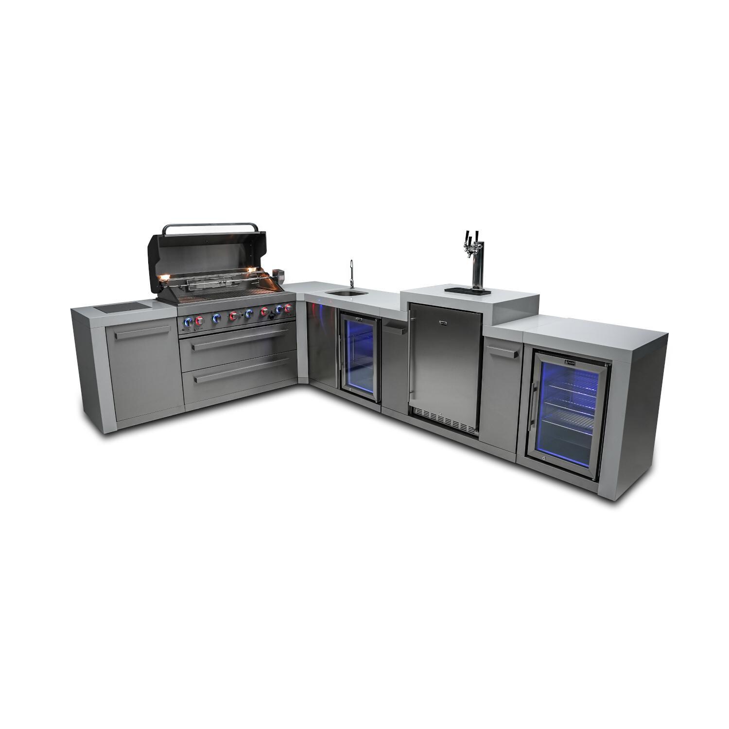 Mont Alpi MAi805-D90KEGBEVFC 805 Deluxe Propane Island W/ 90 Degree Corner, Kegerator, Beverage Center & Fridge Cabinet - Hood Open - White Background thumbnail