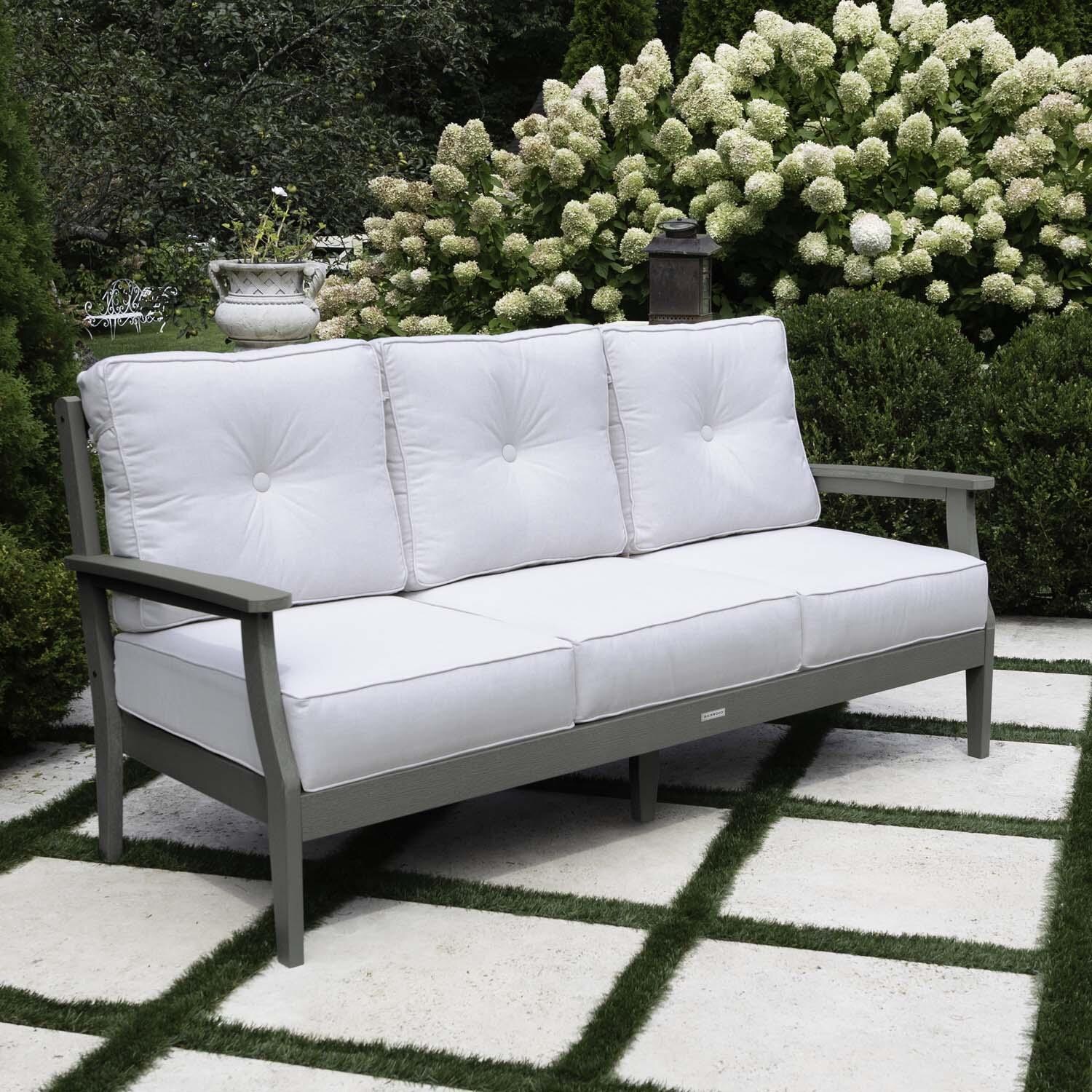 Blushing Bay 3 Person Recycled Plastic Sofa in Bliss Linen/Coastal Teak by Lakeview Outdoor Designs - Left Angled - Lifestyle thumbnail