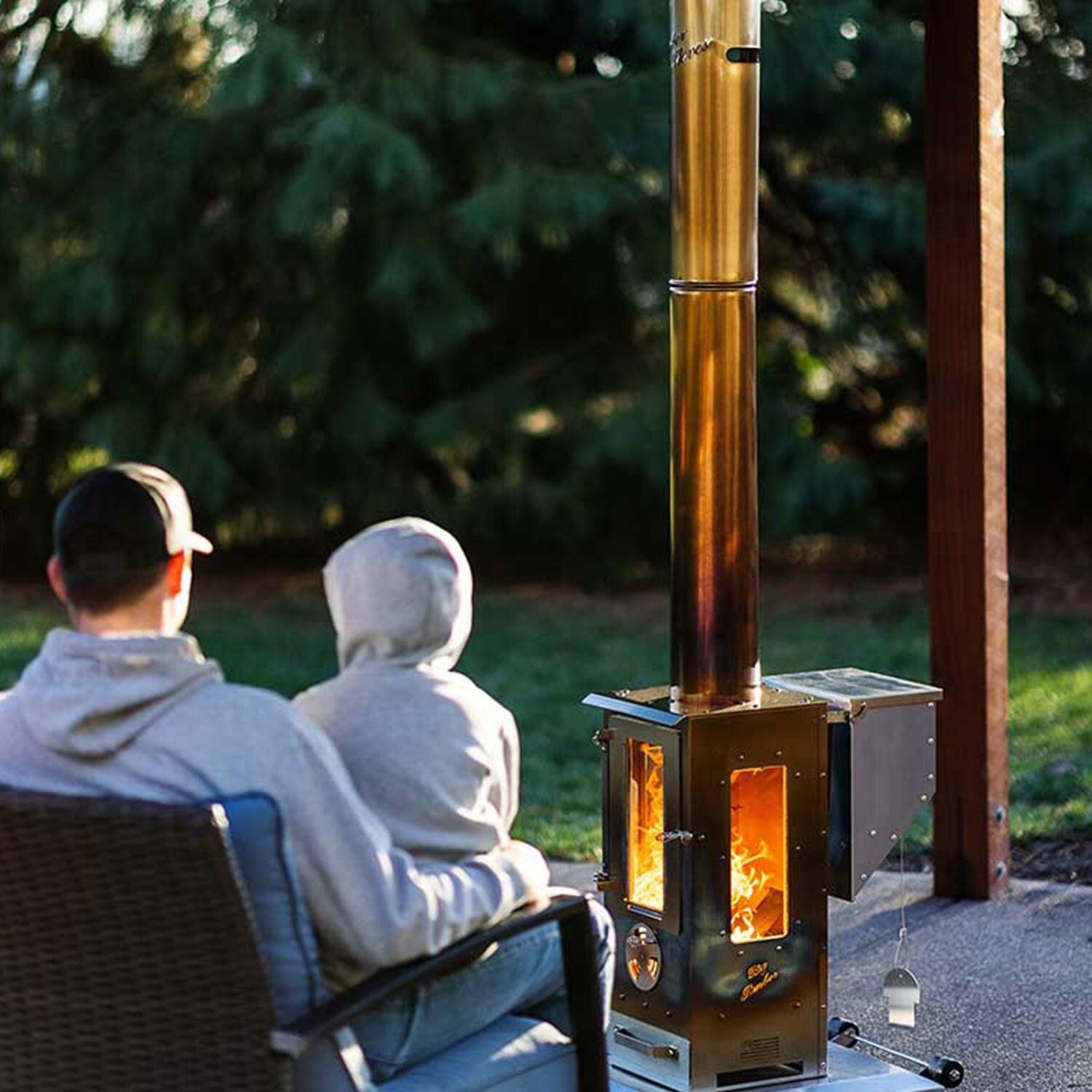 Timber Stoves WPPHBTSS1.0 Big Timber 90000 BTU Pellet Patio Heater Portable - Sitting by Patio Heater - Lifestyle thumbnail