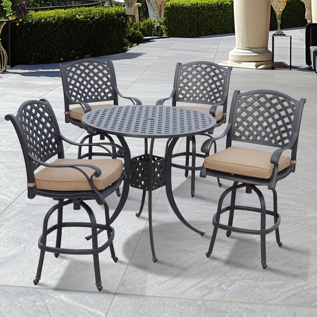 Nassau 5 Pc Patio Bar Set w/ 42 Inch Round Bar Table in Antique Bronze/Sesame by Darlee - Set - Lifestyle thumbnail